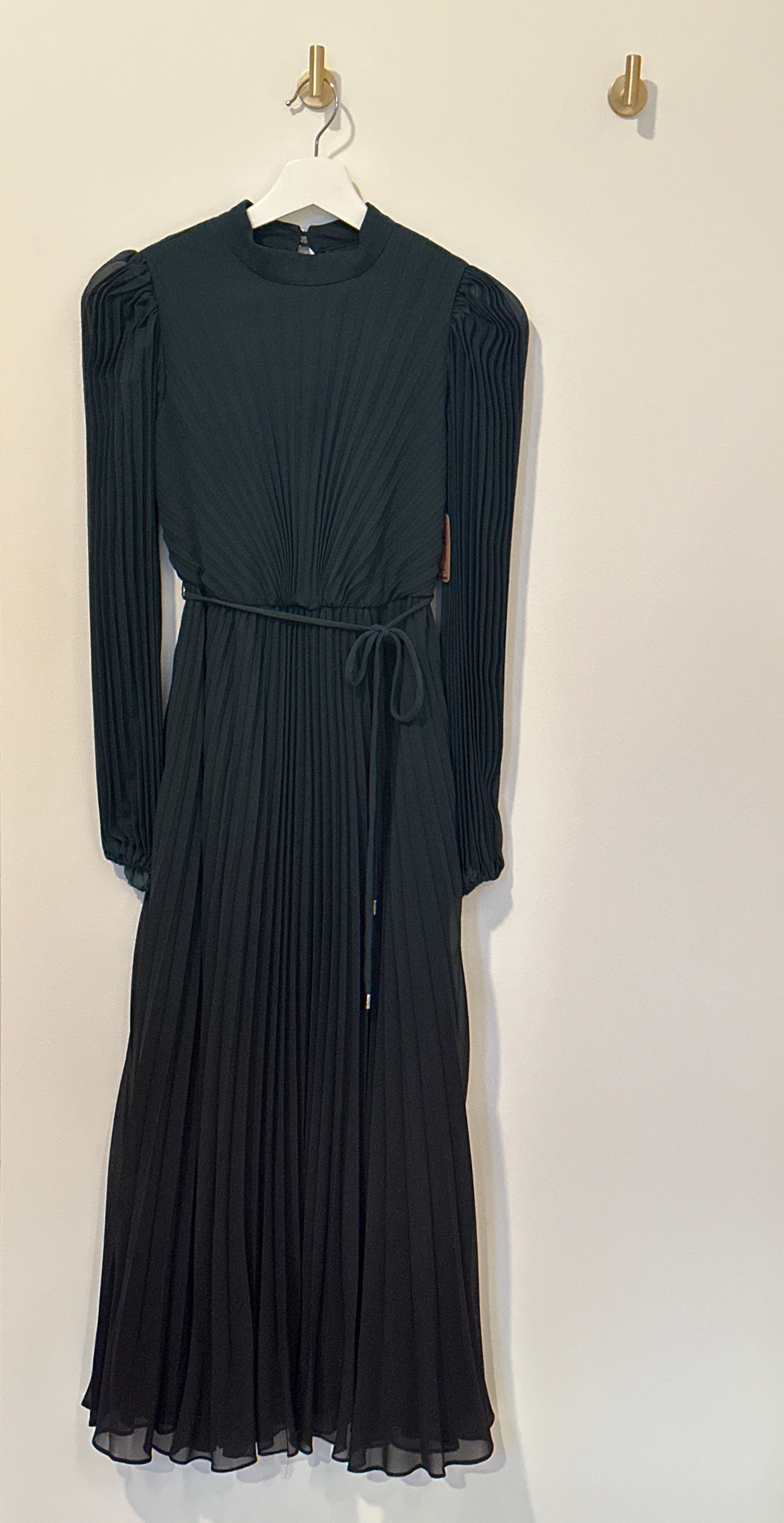 EVER NEW Accordion Pleated Full Length Dress Long Sleeve Elastic Waist With Tie
