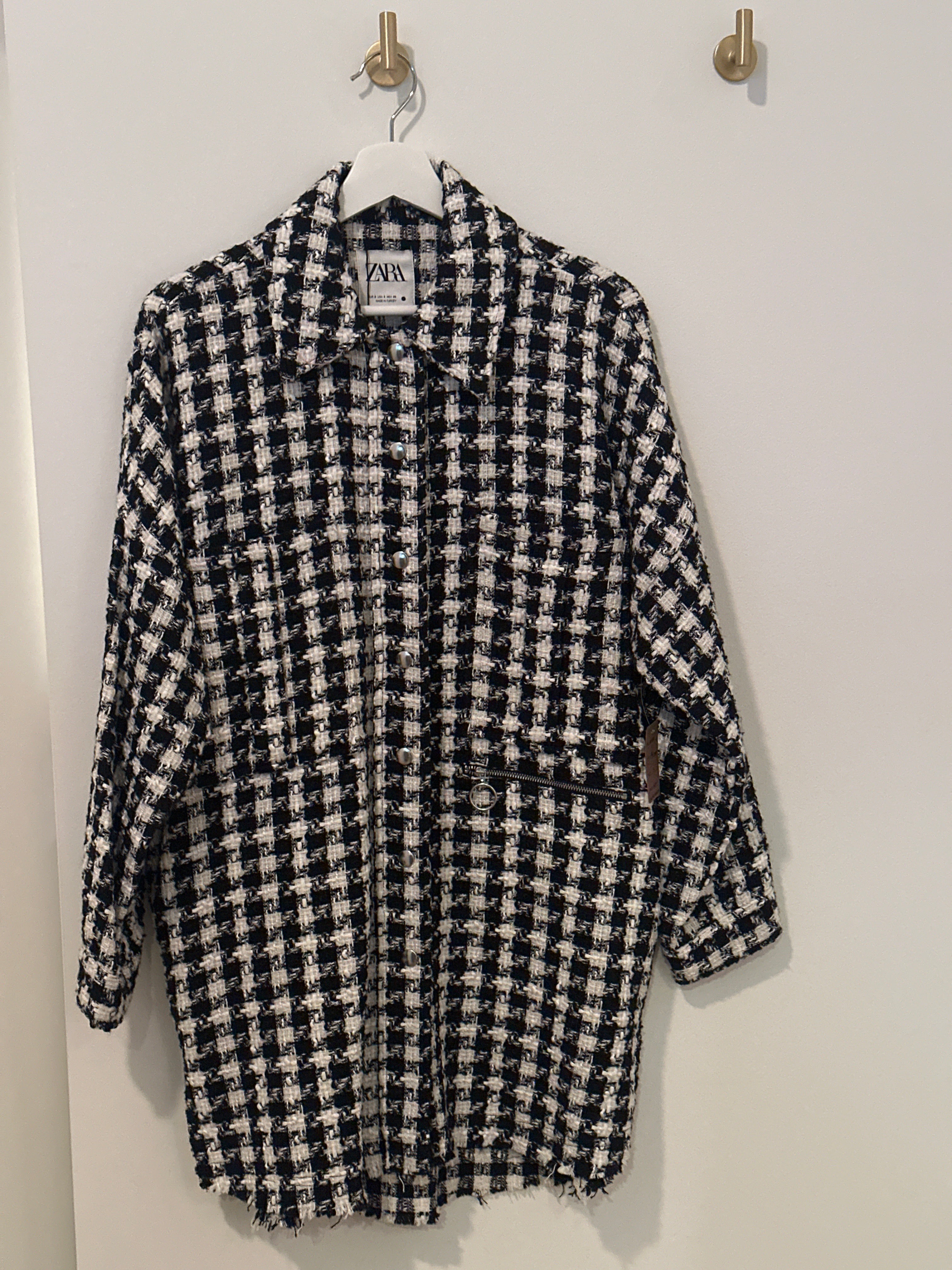 ZARA Mid Length Black and White Houndstooth Coat