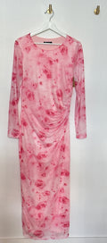 Pretty Garden Pink Rose Ruched Long Sleeve Dress — Size Large