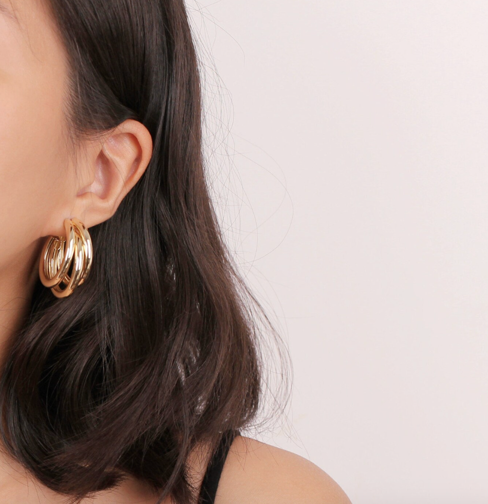 Jewelry Triple Medium Hoop High Shine Steel Earring: Yellow Gold