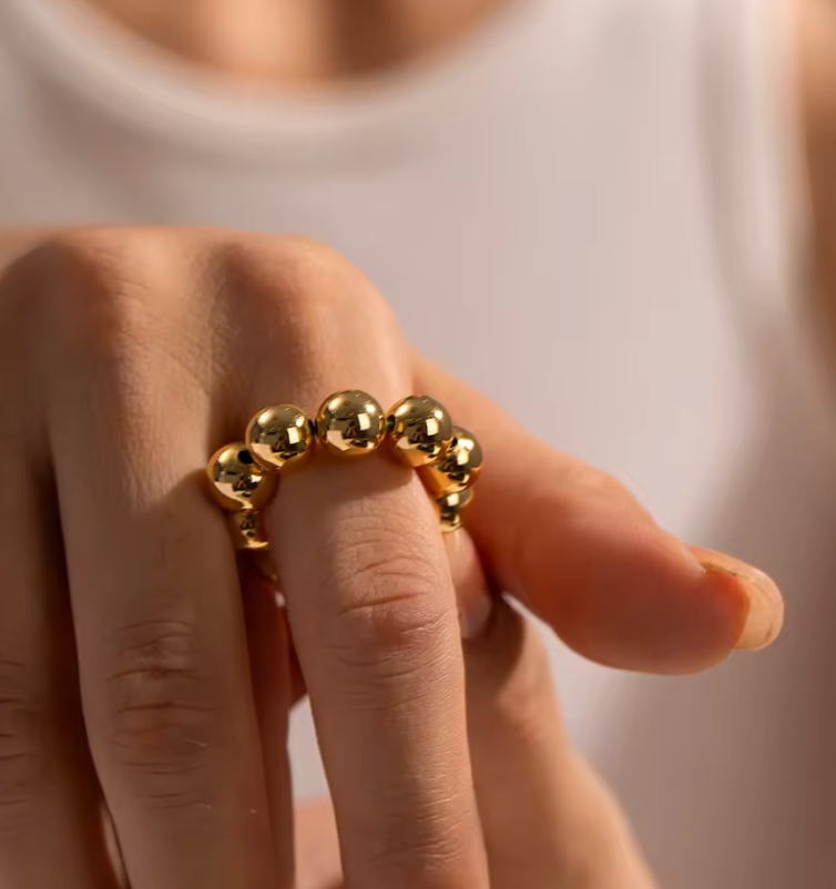 Jewelry Gold Beads Ring- Flintstone- Bigger-14K Gold Steel Stretch