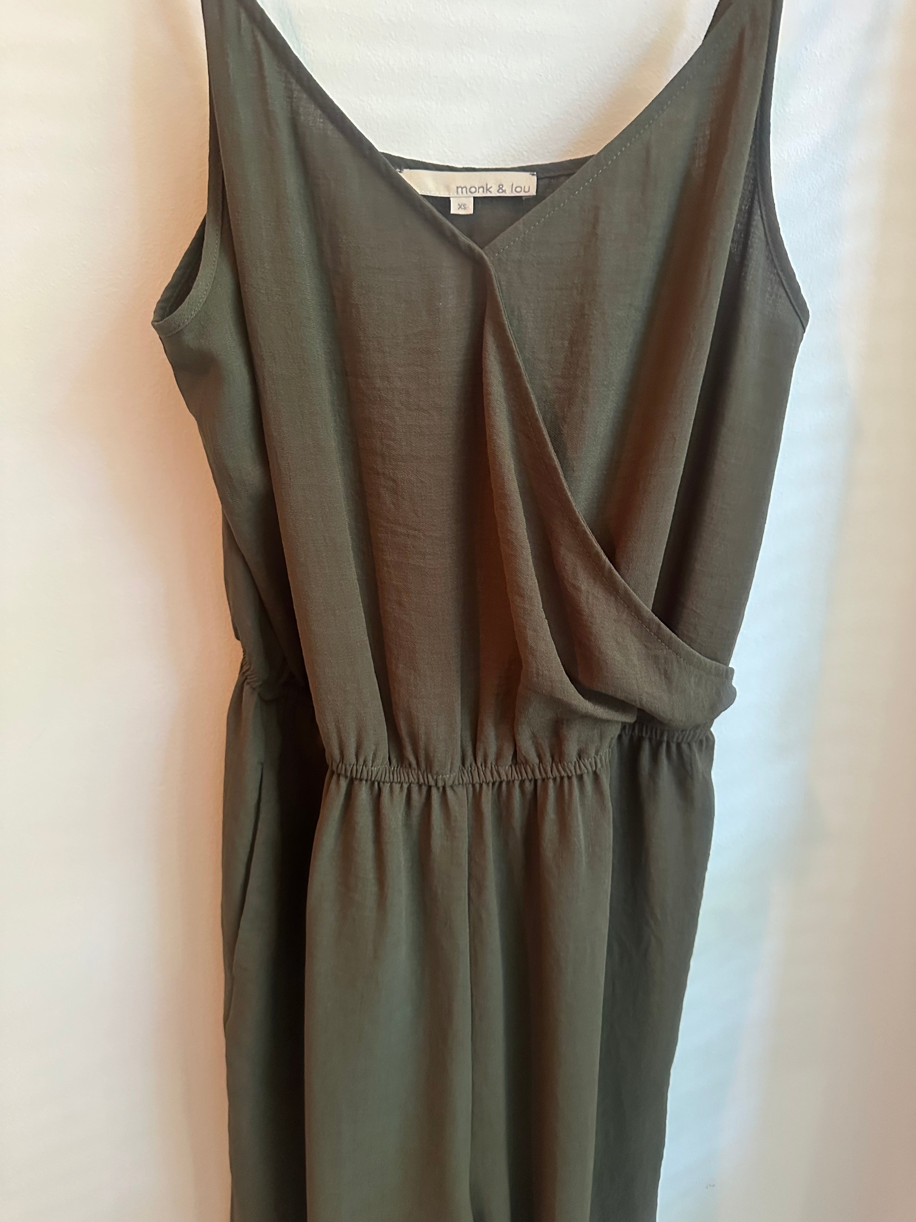 Monk & Lou Wrap Front Wide Leg Jumpsuit | Army Green | Size XS