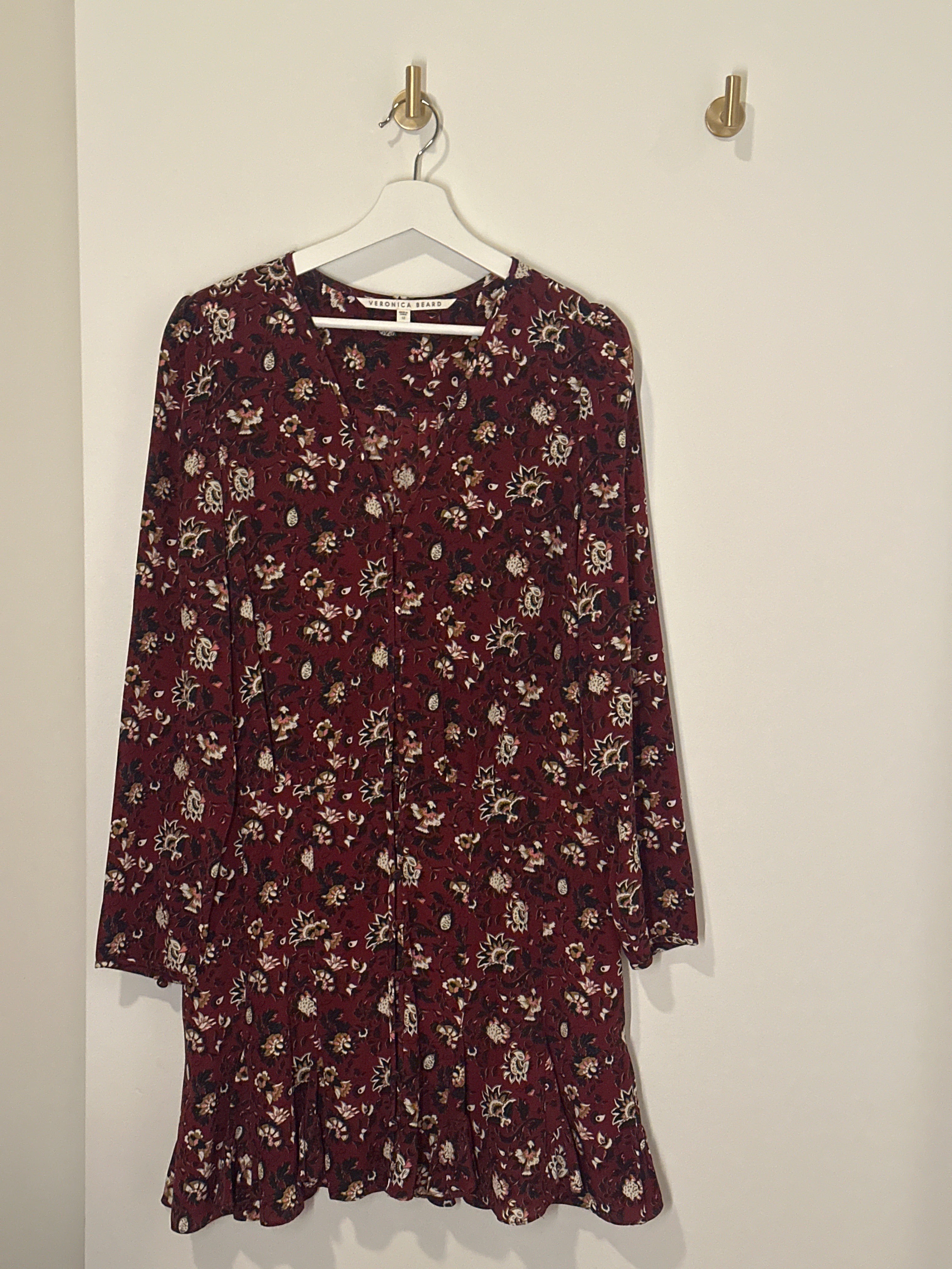 VERONICA BEARD Long Sleeved Flounced Bottom Floral Print on Burgundy Dress