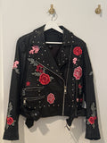 BELLE VERE Floral Embossed Leather Biker Jacket