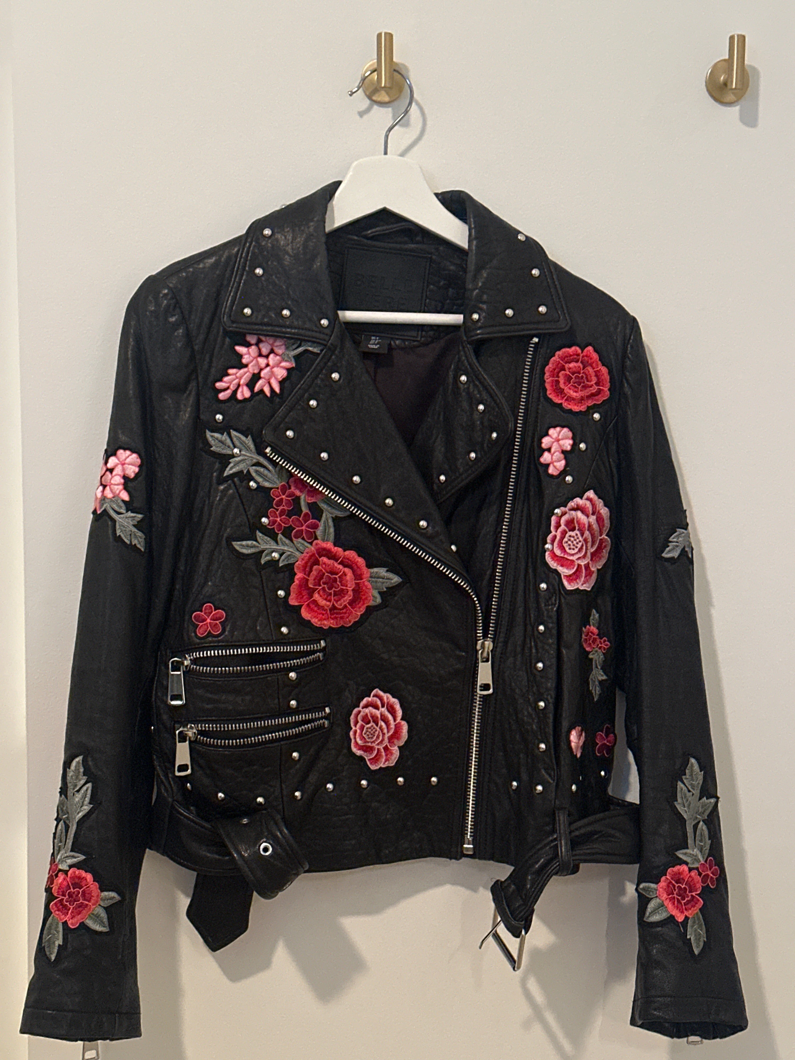 BELLE VERE Floral Embossed Leather Biker Jacket
