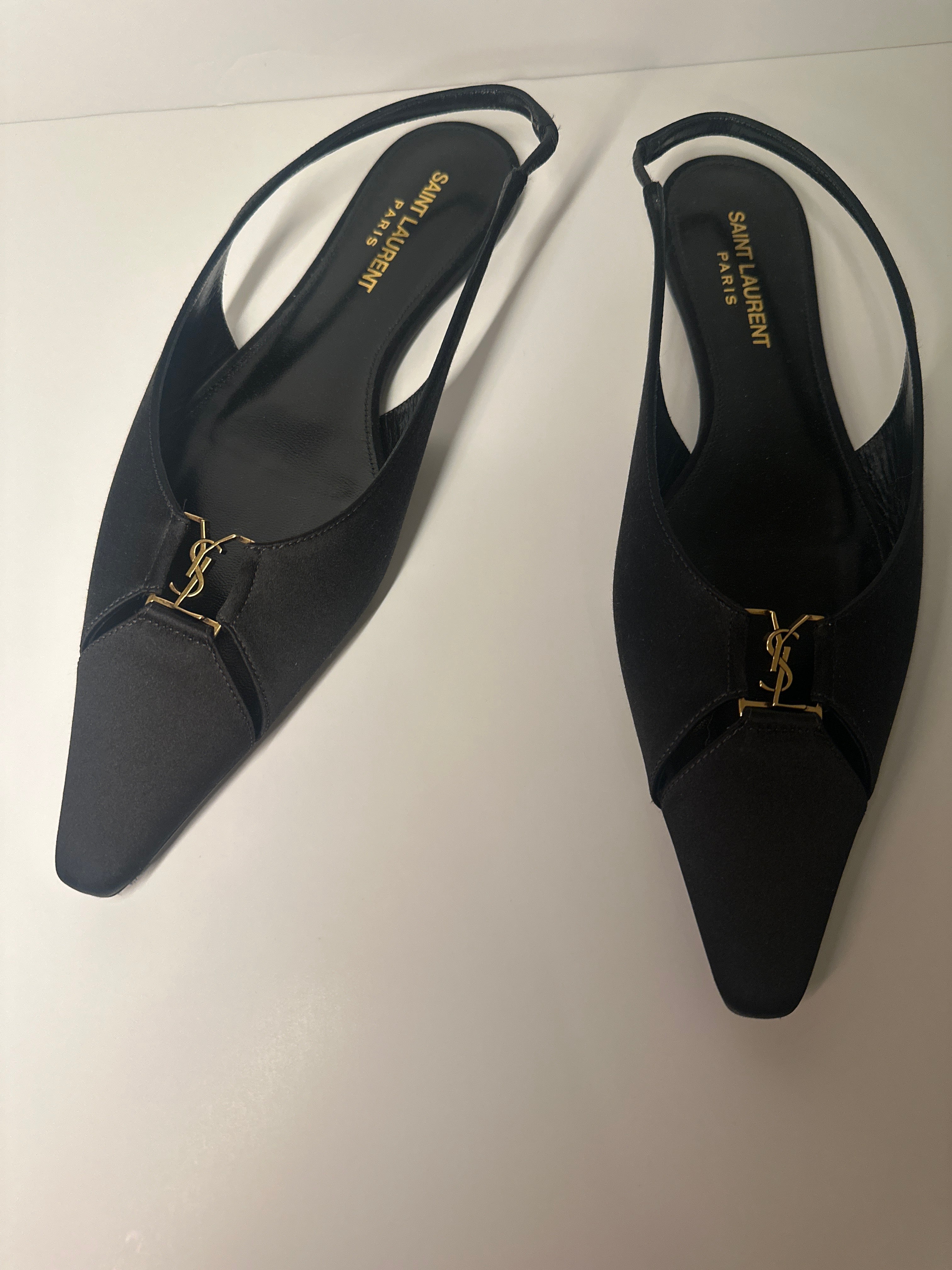 SAINT LAURENT Pointed Toe Black Babylone Slingback Flats with Gold YSL E mblem36.5
