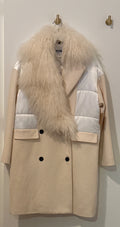 MSGM Cream Winter Quilted Wool Coat with Detachable Furry Stole Medium
