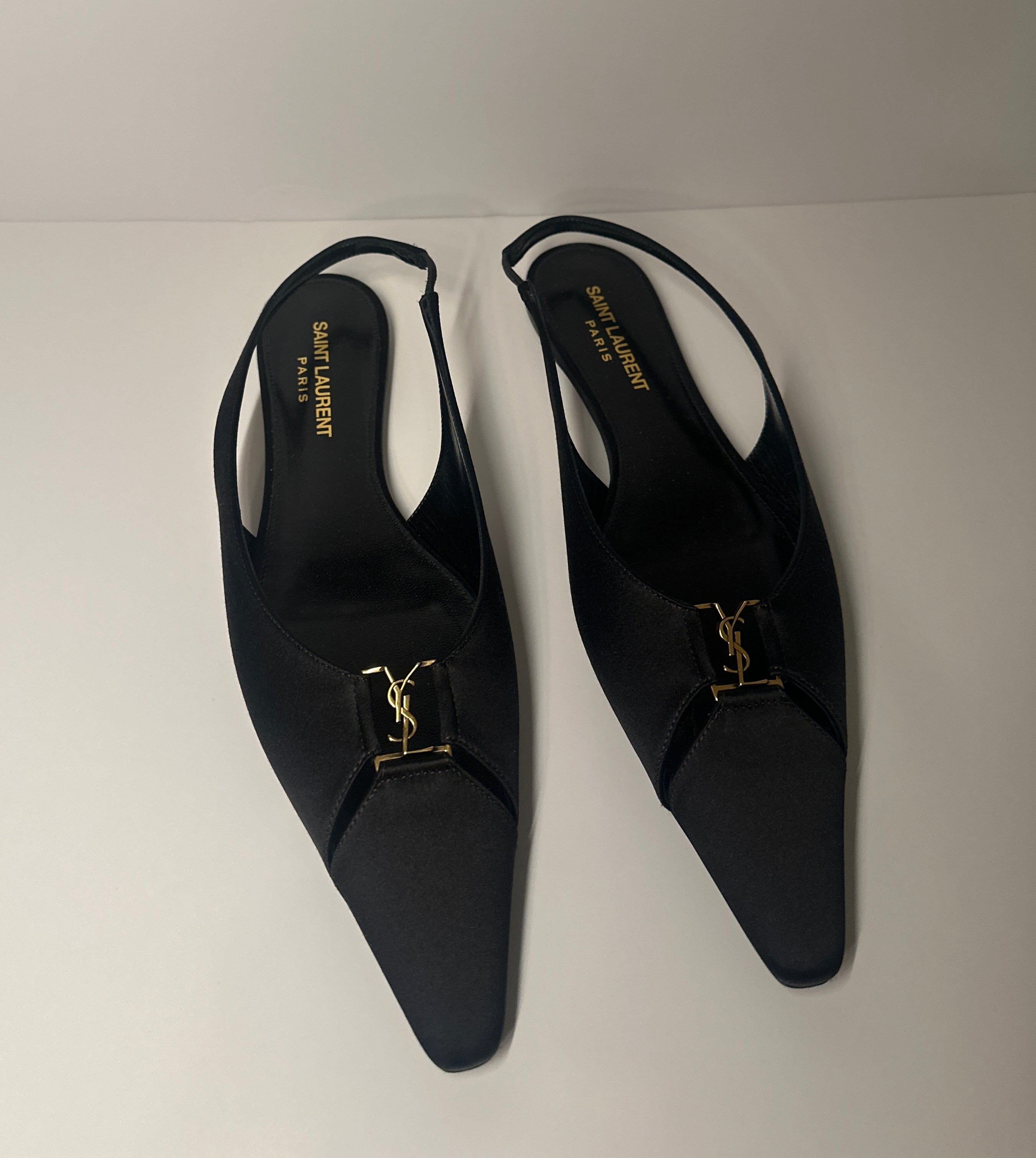 SAINT LAURENT Pointed Toe Black Babylone Slingback Flats with Gold YSL E mblem36.5