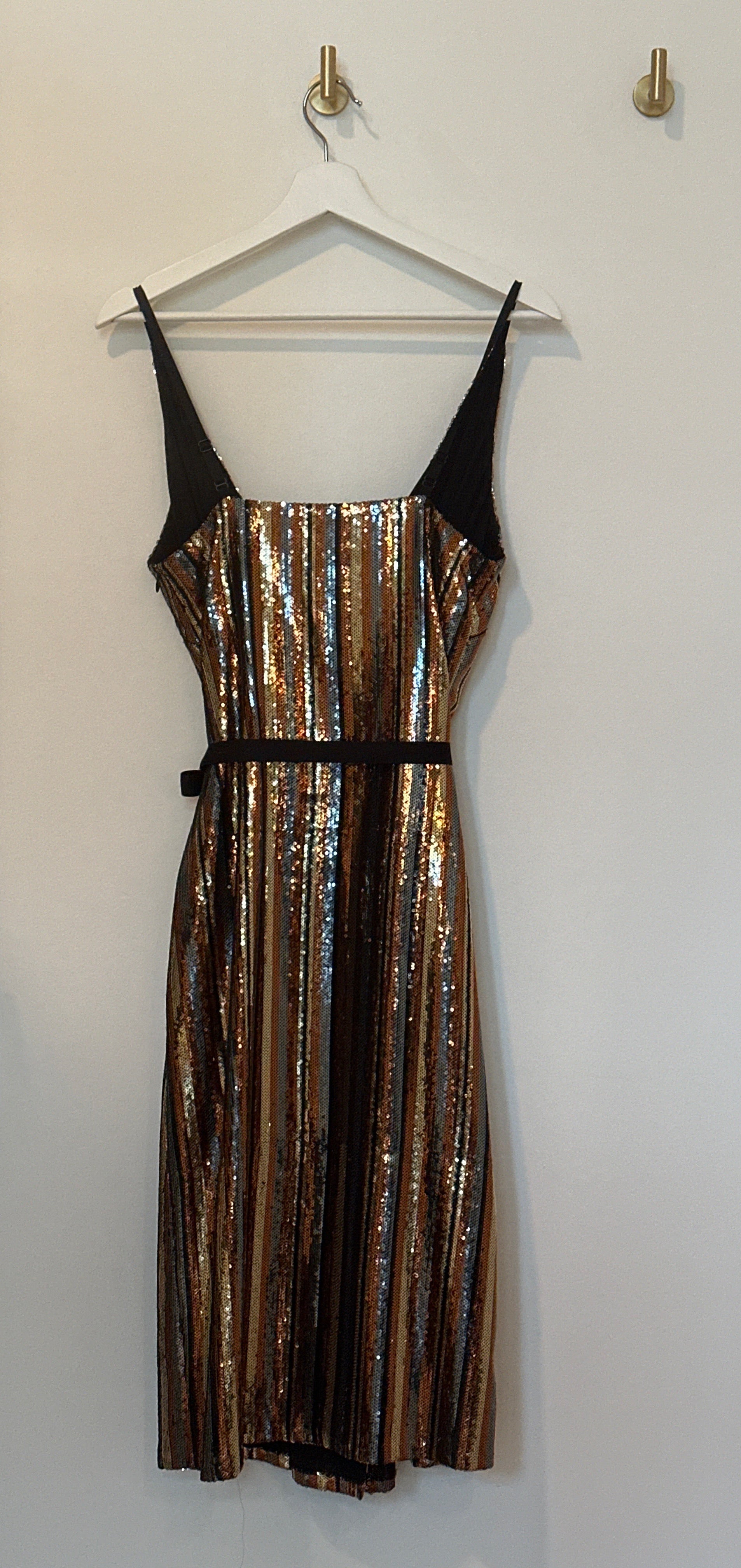 robert rodriguez Faux Wrap Sleeveless Striped Metallic Sequin Dress Small
