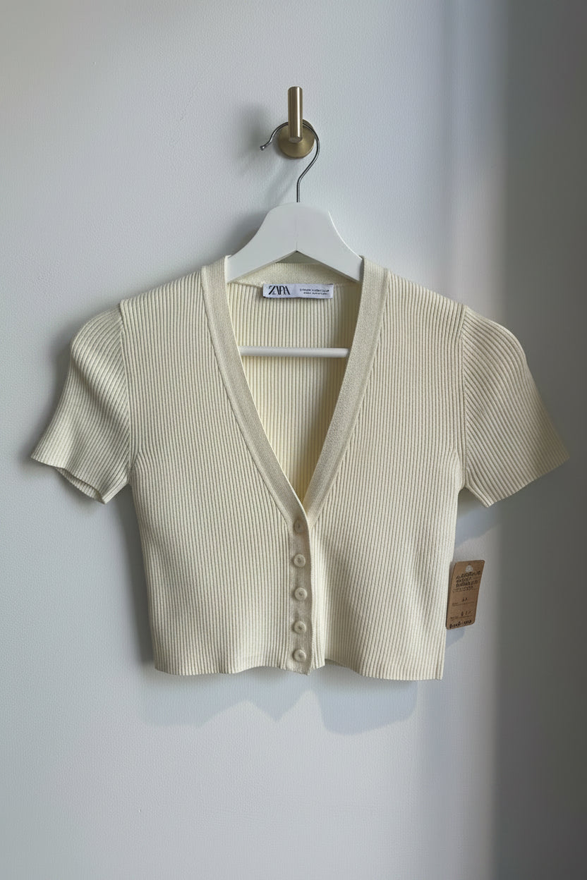 ZARA Ribbed Knit Cropped Cardigan – Butter Yellow - XS