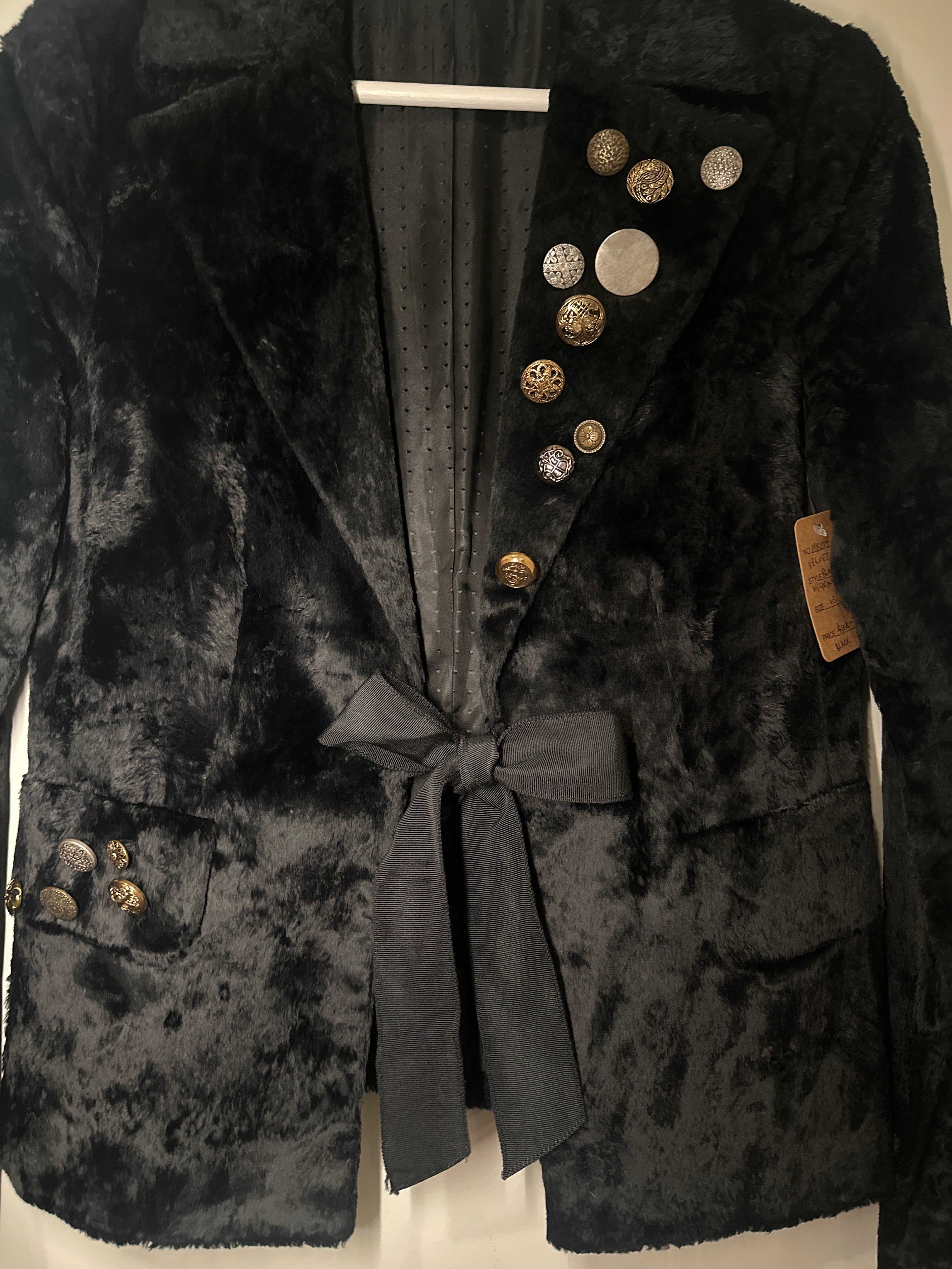 Vintage Blazer (Club Monaco TBD) Black Crushed Velvet Or Cow Hide Texture XS/S with Hand Sewn Buttons and Crepe Bow