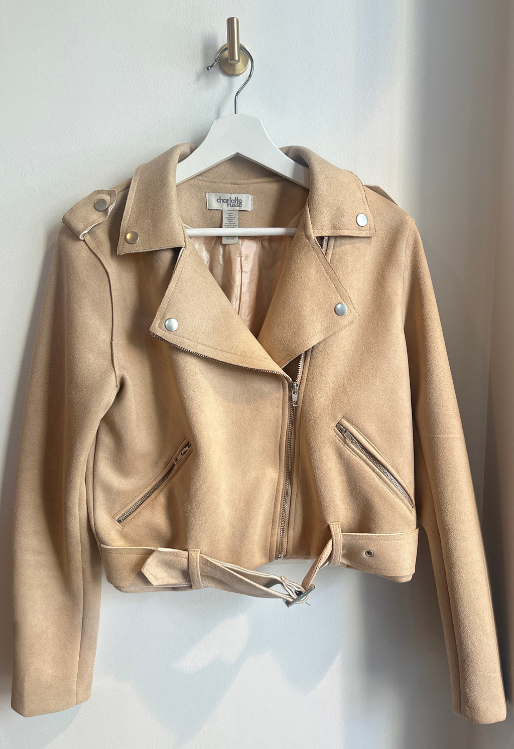 Charlotte Russe Camel Faux Suede Moto Jacket | Size Medium