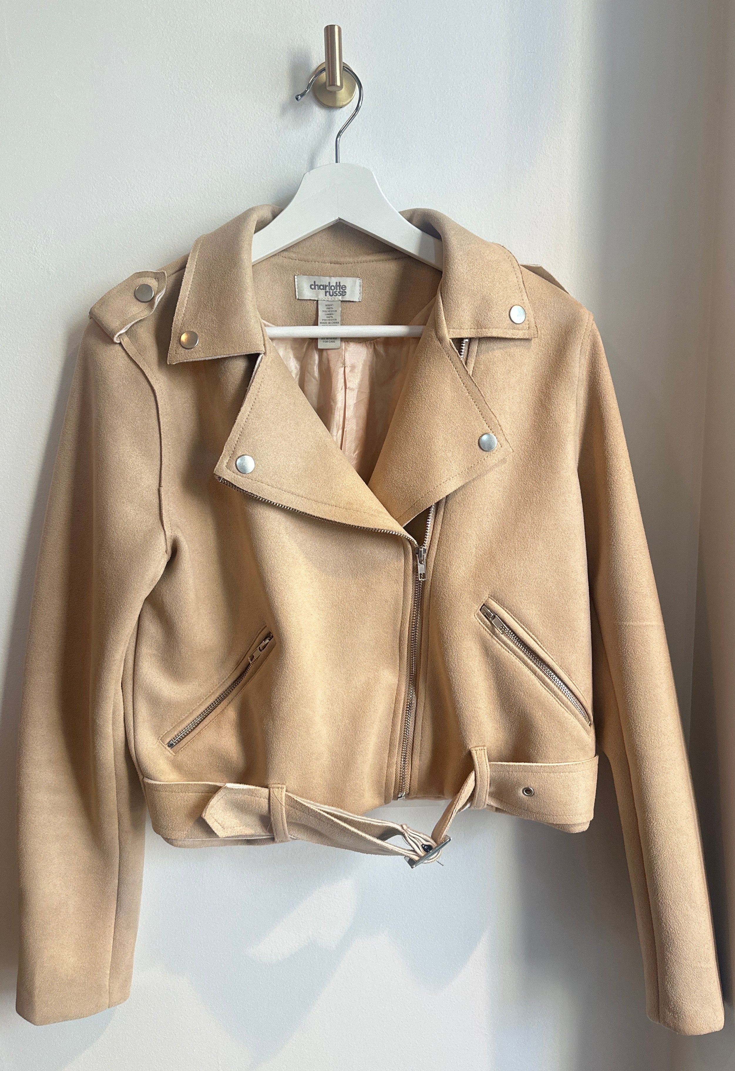 Charlotte Russe Camel Faux Suede Moto Jacket | Size Medium
