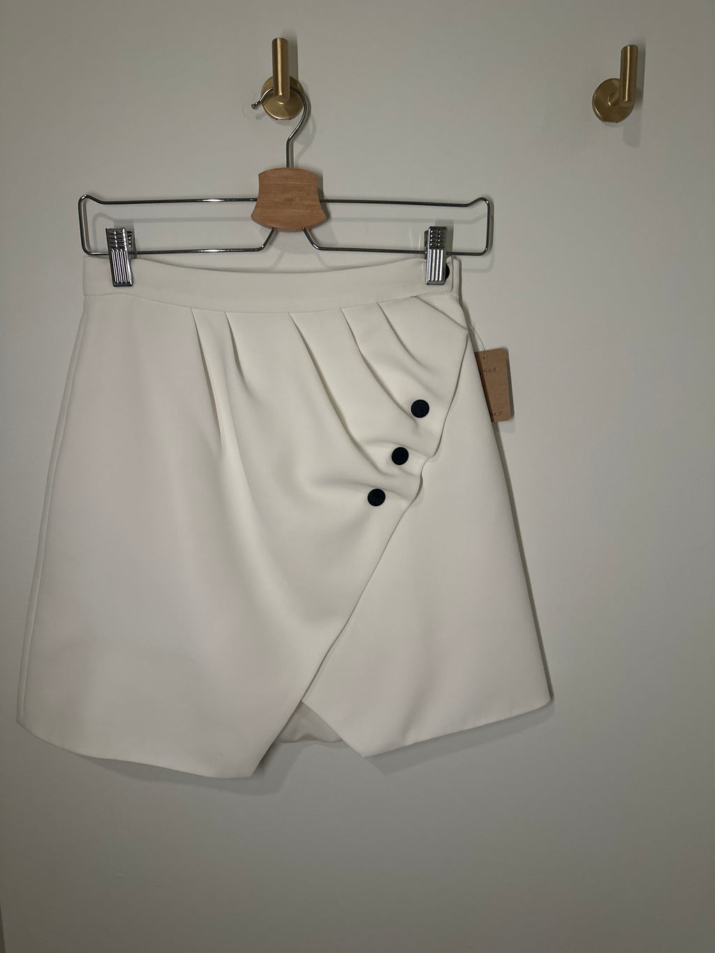 White Sandro Asymmetrical Short Gathered Skirt with Black Button Detail