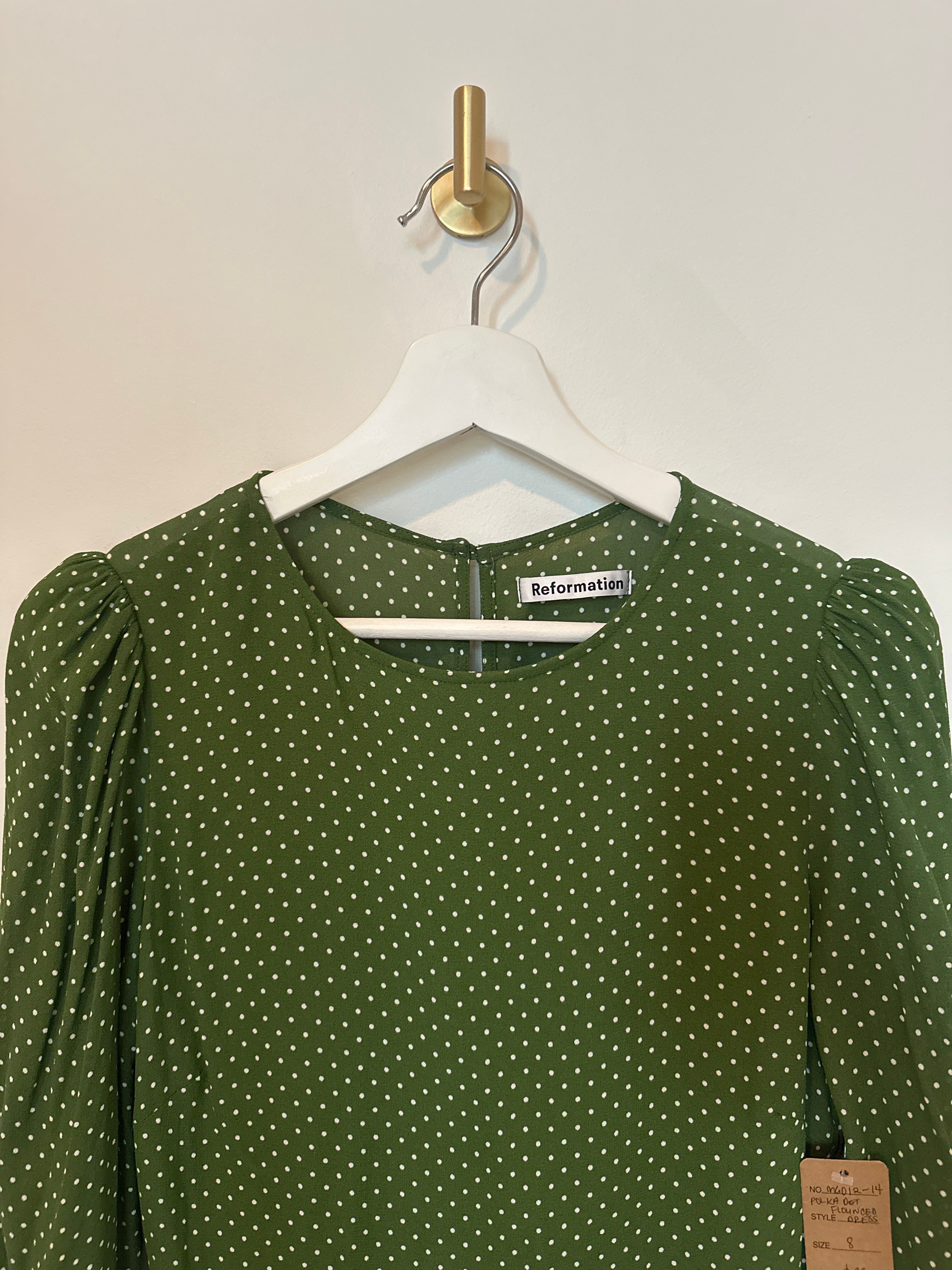 Reformation Green & White Polka Dot Flounced Sleeve & Hem Mini Dress