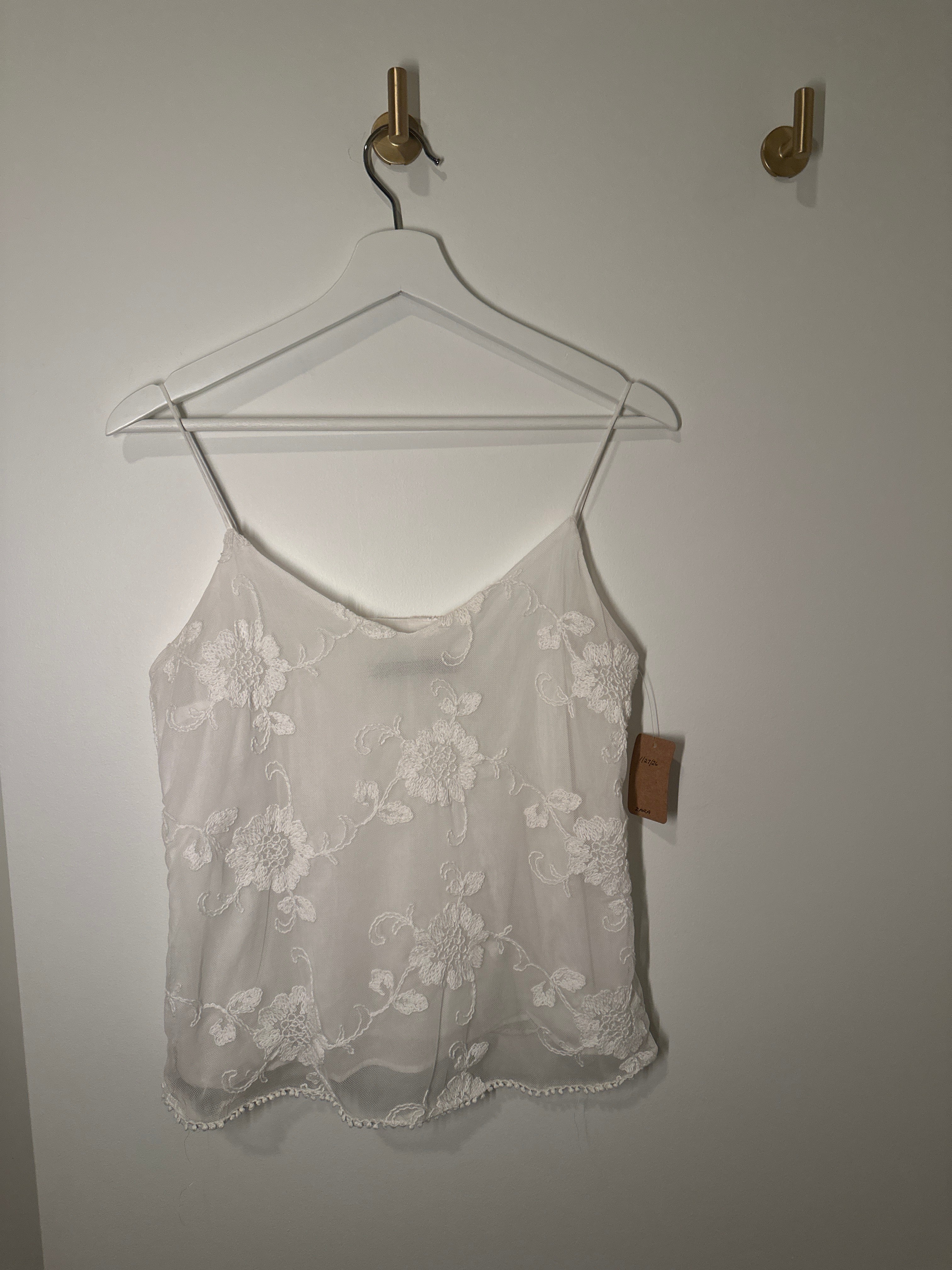White Zara Basic Spaghetti Strap Embroidered Camisole
