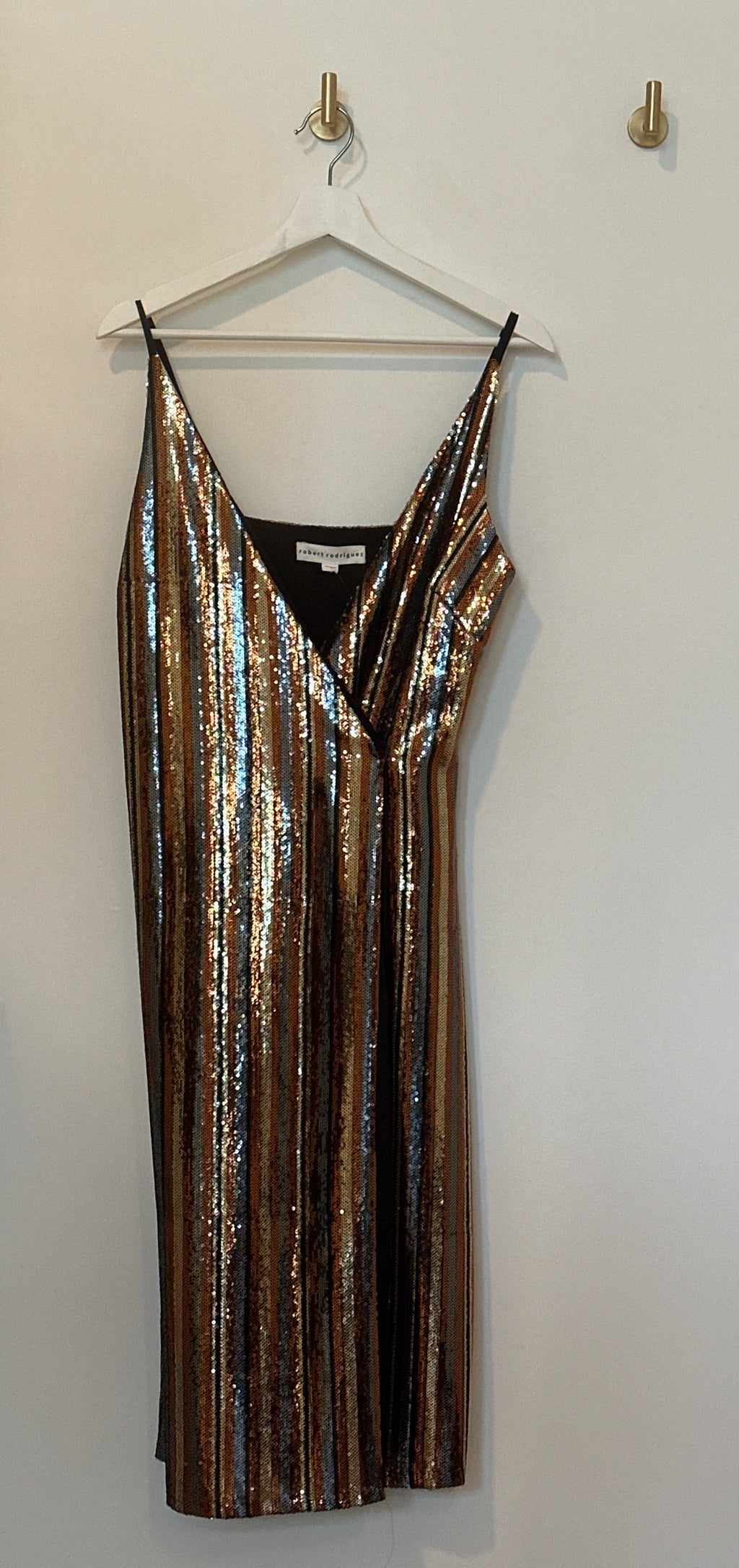 robert rodriguez Faux Wrap Sleeveless Striped Metallic Sequin Dress Small