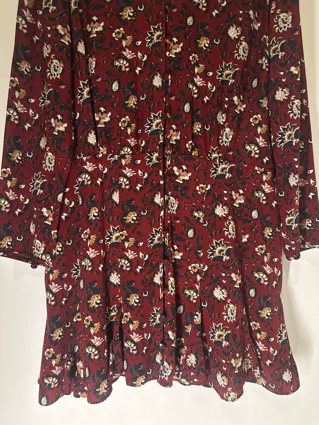 VERONICA BEARD Long Sleeved Flounced Bottom Floral Print on Burgundy Dress