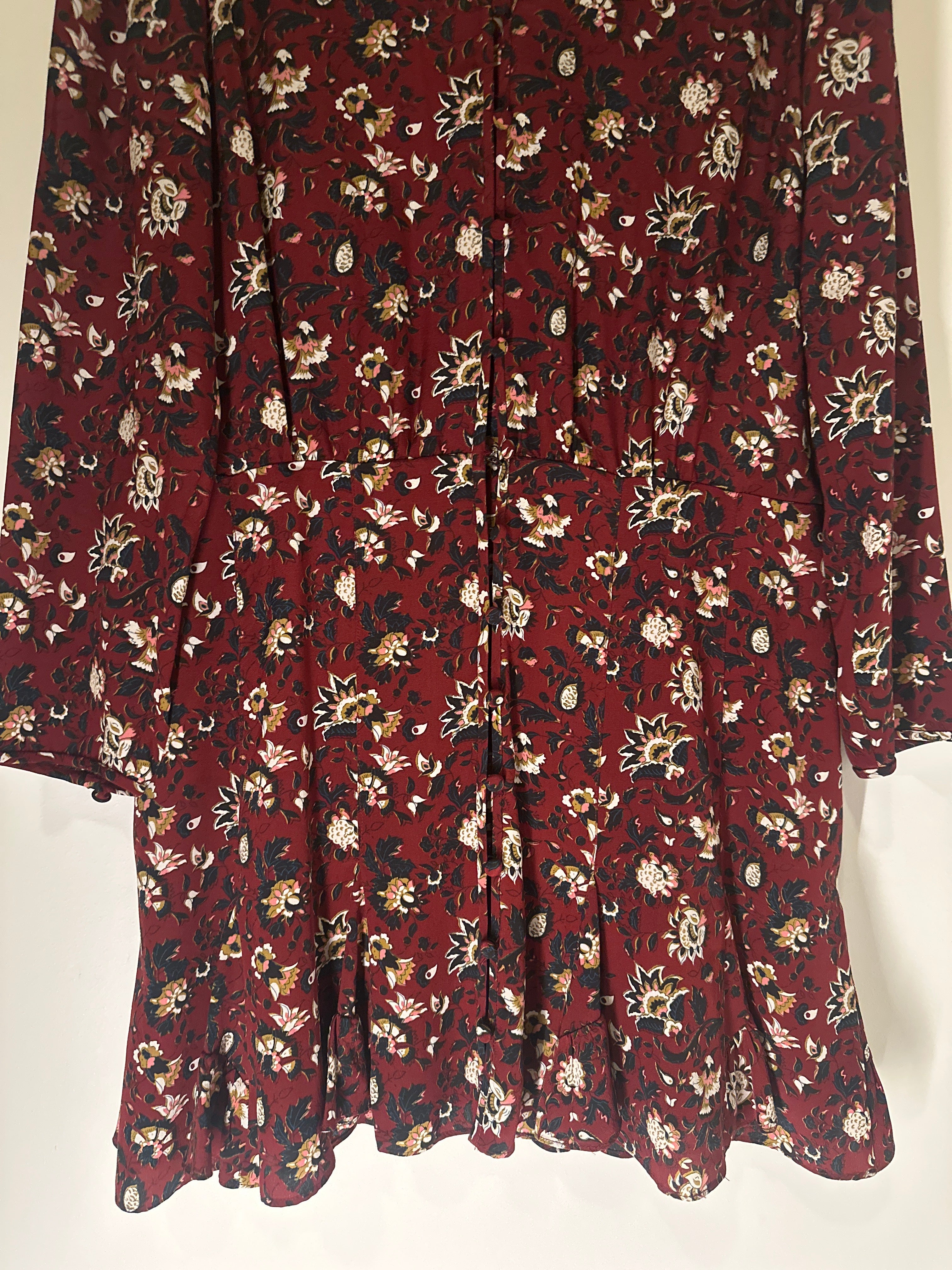 VERONICA BEARD Long Sleeved Flounced Bottom Floral Print on Burgundy Dress