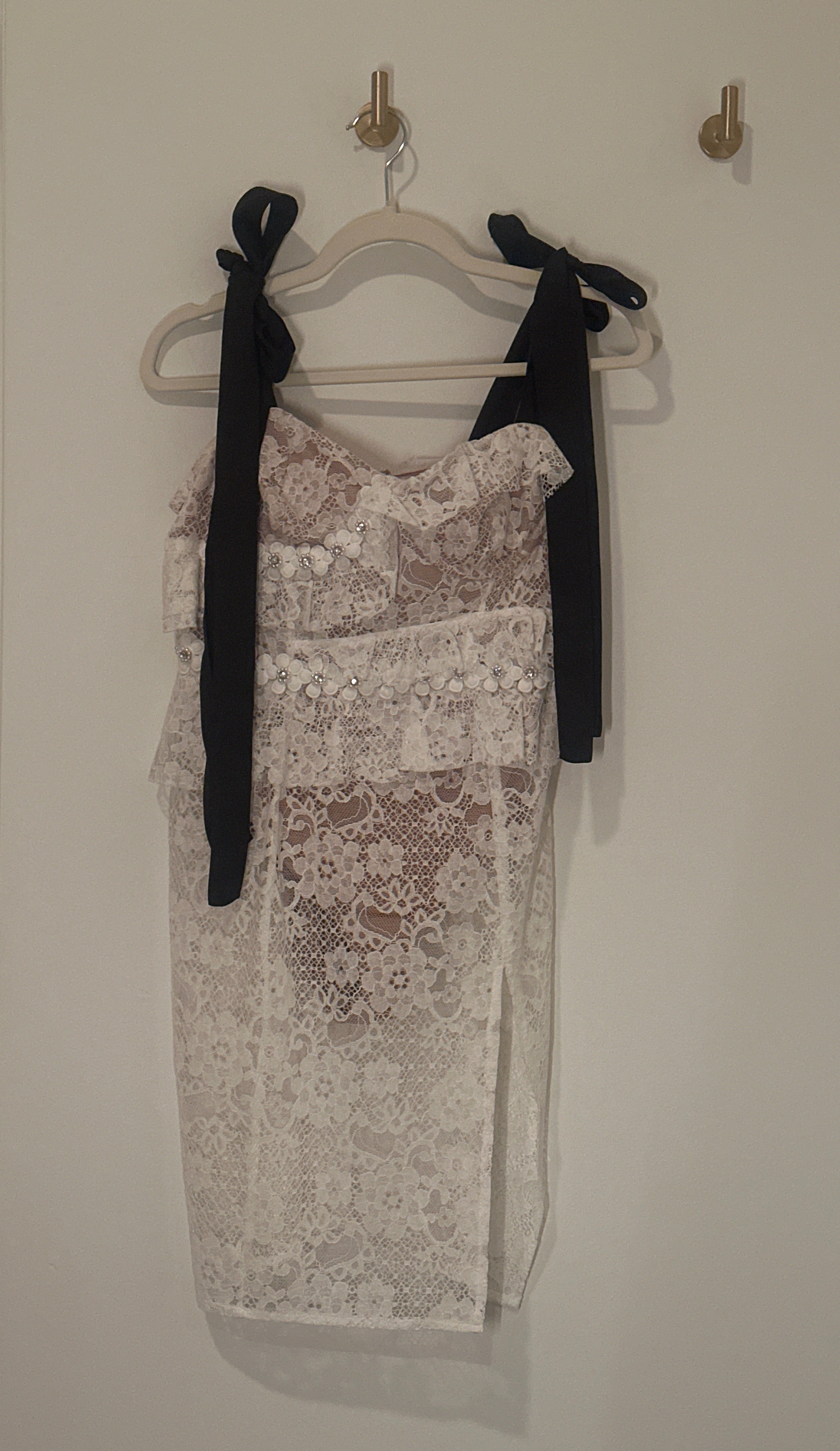 For Love & Lemons Lace Bra + Beaded & Rhinestone Rosette Daisy Appliqué Body Suit Dress with Black Tie Satin Straps M