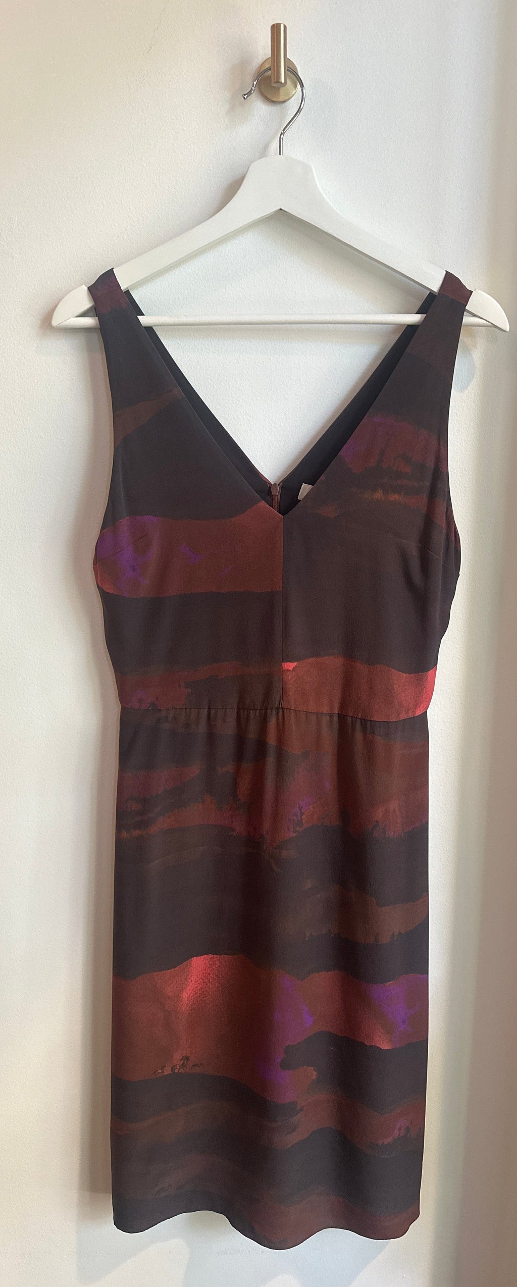 BABATON Printed Midi Dress – 100% Silk Abstract Burgundy Water Print — Size 2