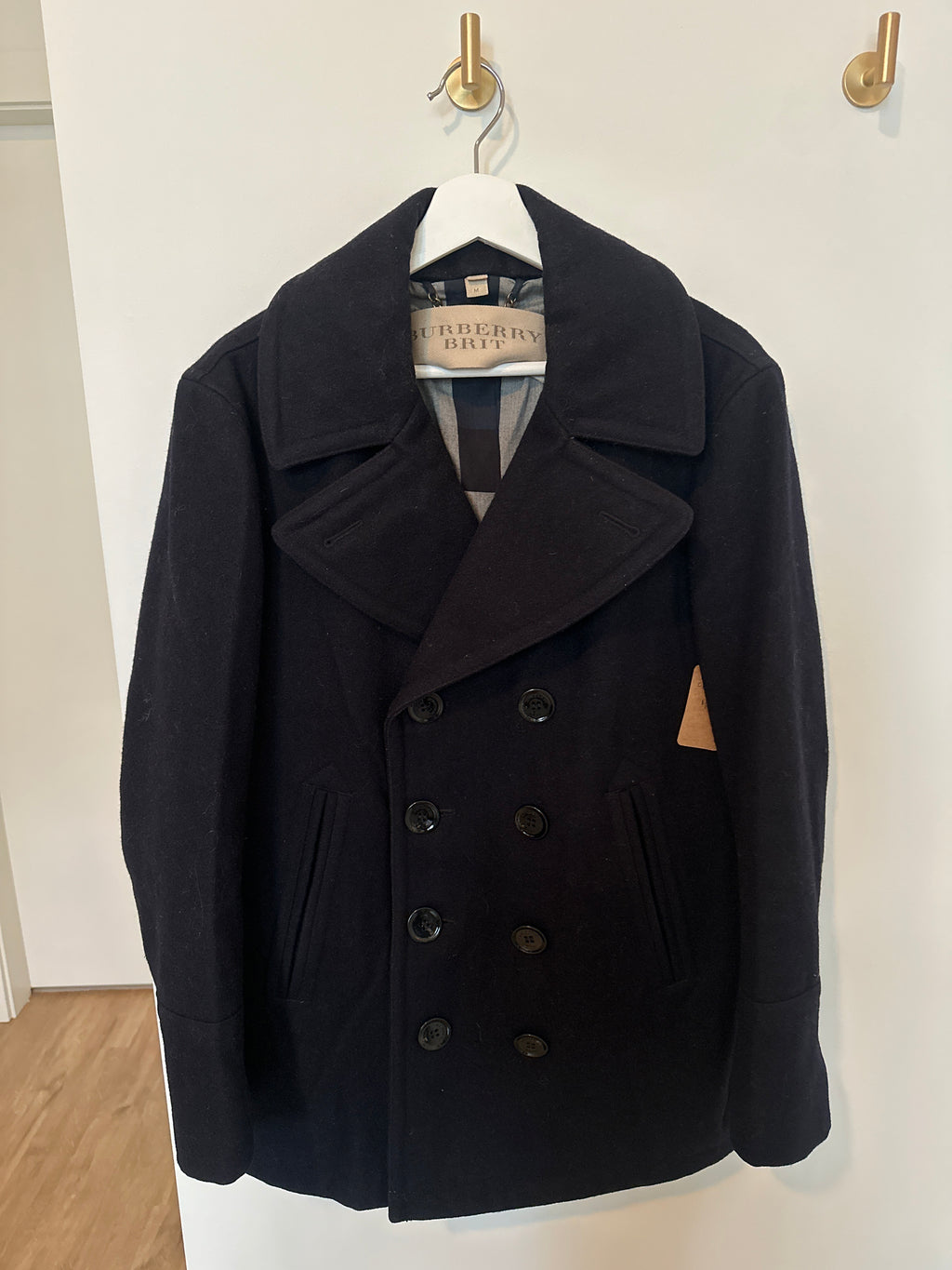Burberry Navy Boiled Wool Double Breasted Pea Coat Medium