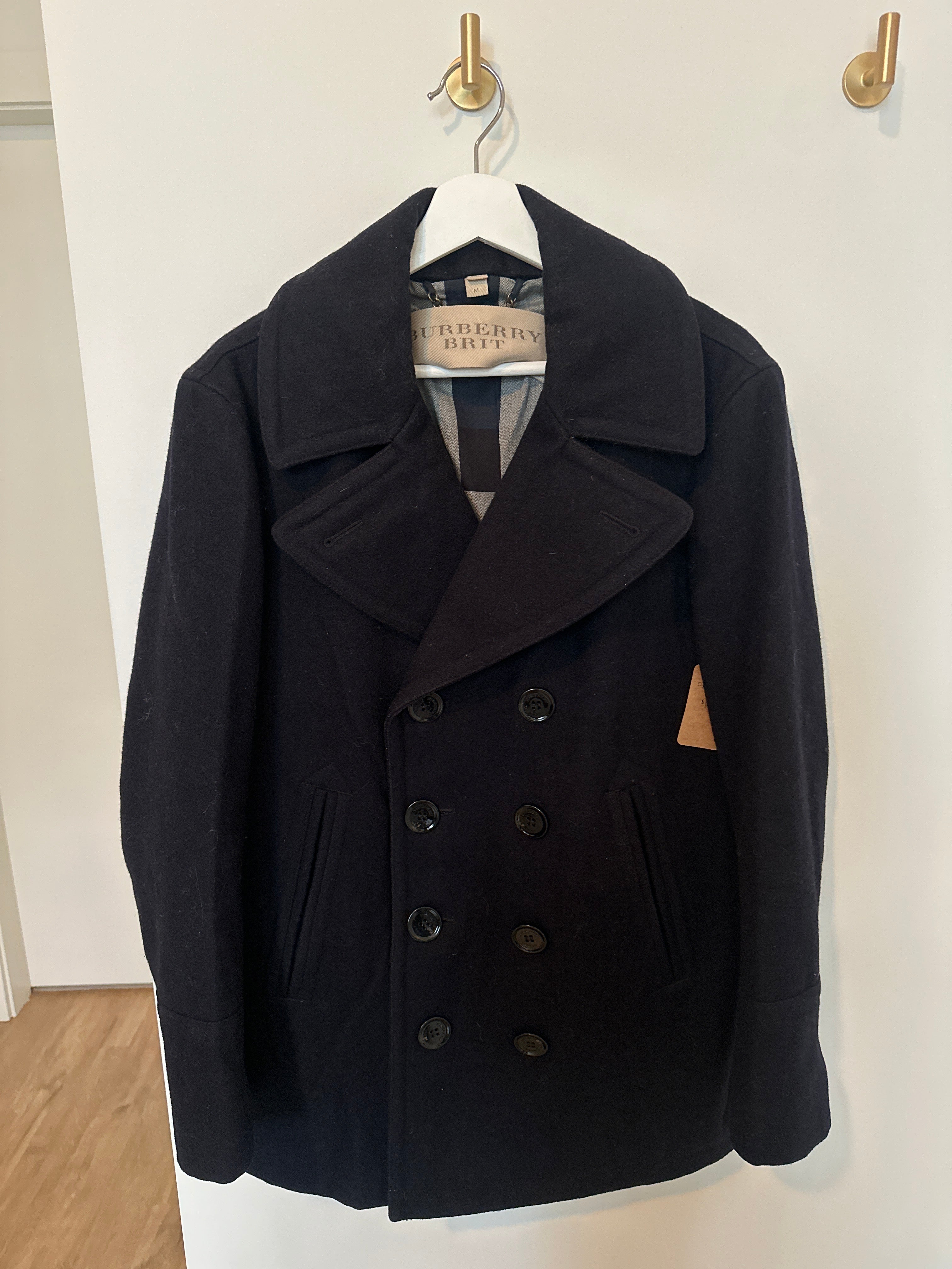 Burberry Navy Boiled Wool Double Breasted Pea Coat Medium
