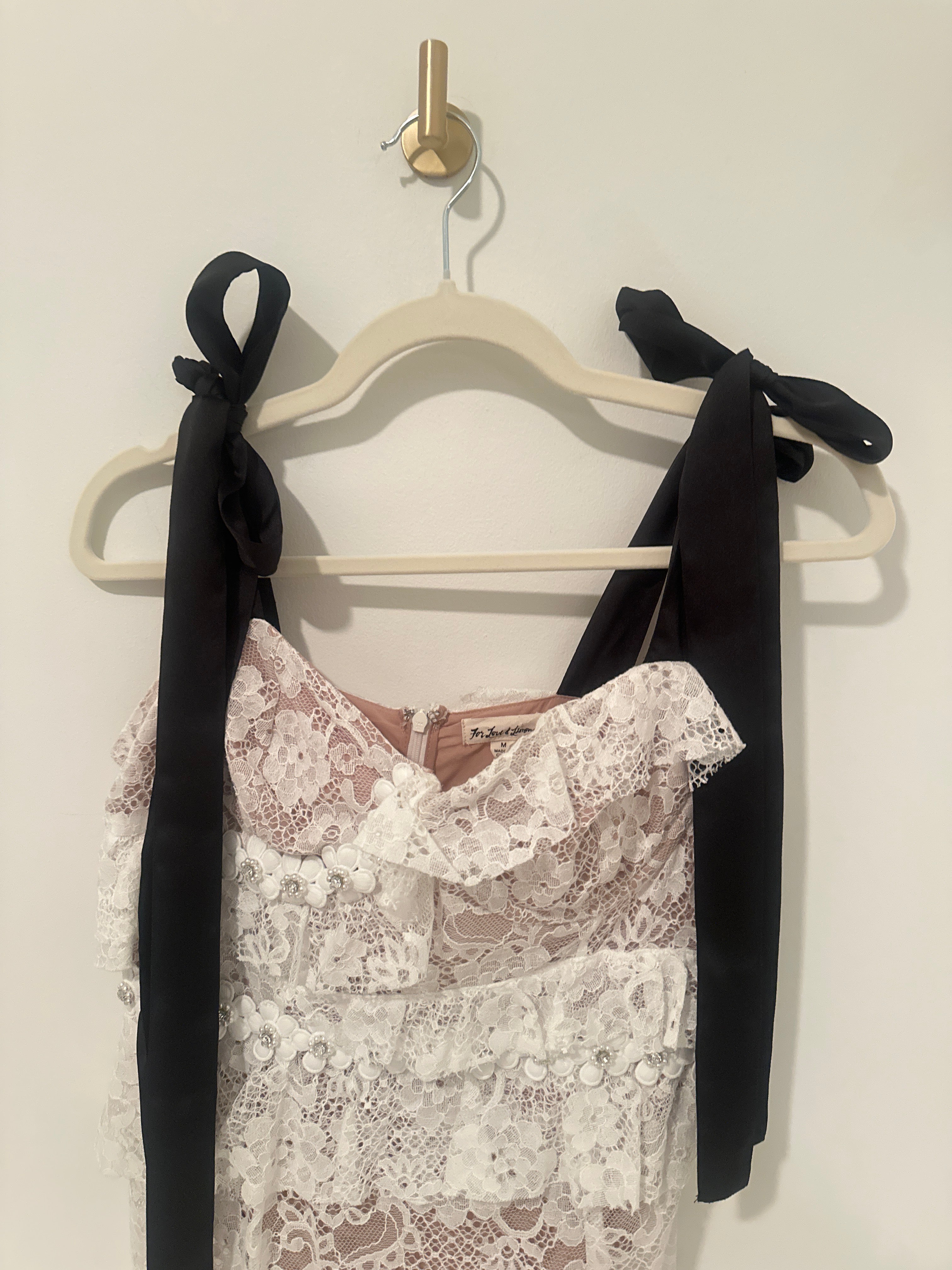 For Love & Lemons Lace Bra + Beaded & Rhinestone Rosette Daisy Appliqué Body Suit Dress with Black Tie Satin Straps M