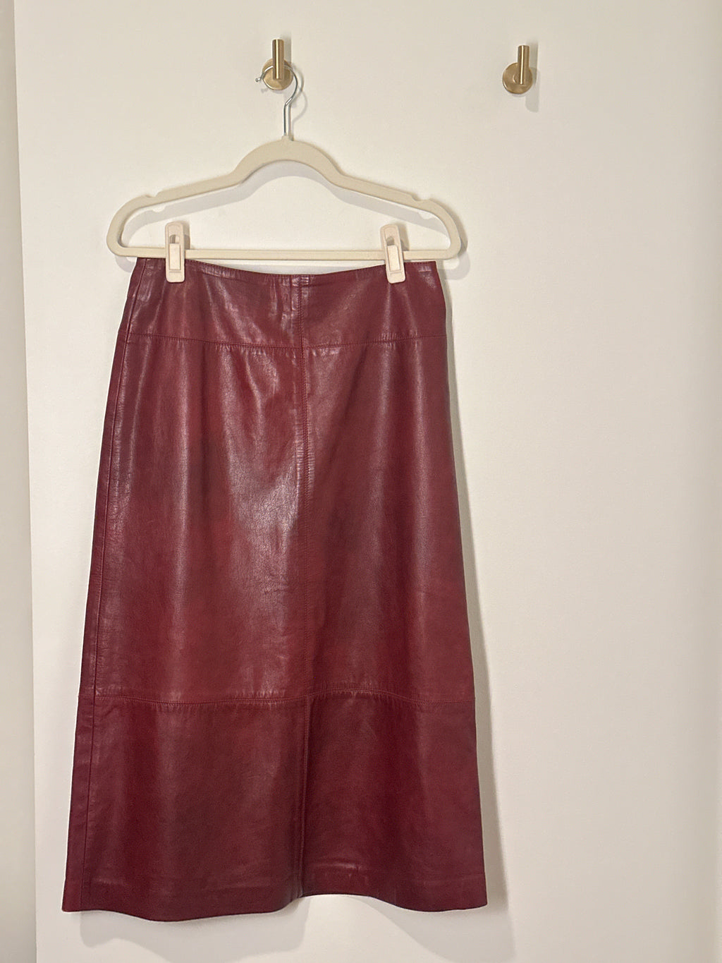 PIEL A-Line Wine Coloured Leather Mid Length Skirt