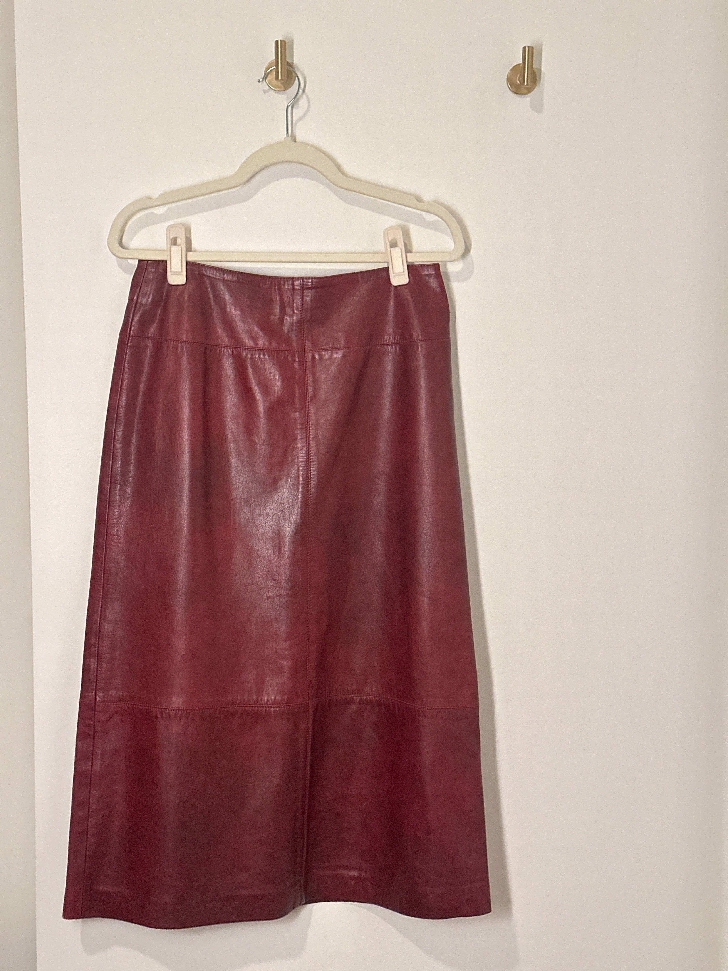 PIEL A-Line Wine Coloured Leather Mid Length Skirt