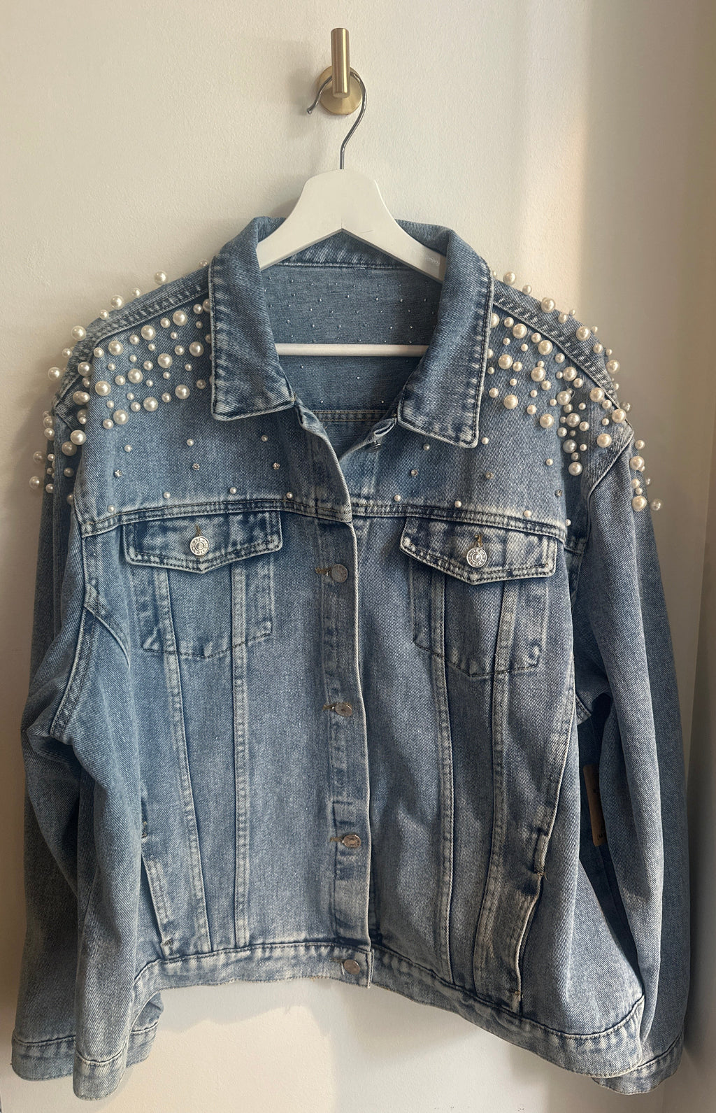 Pearl & Rhinestone Embellished Denim Jacket | Size 4XL