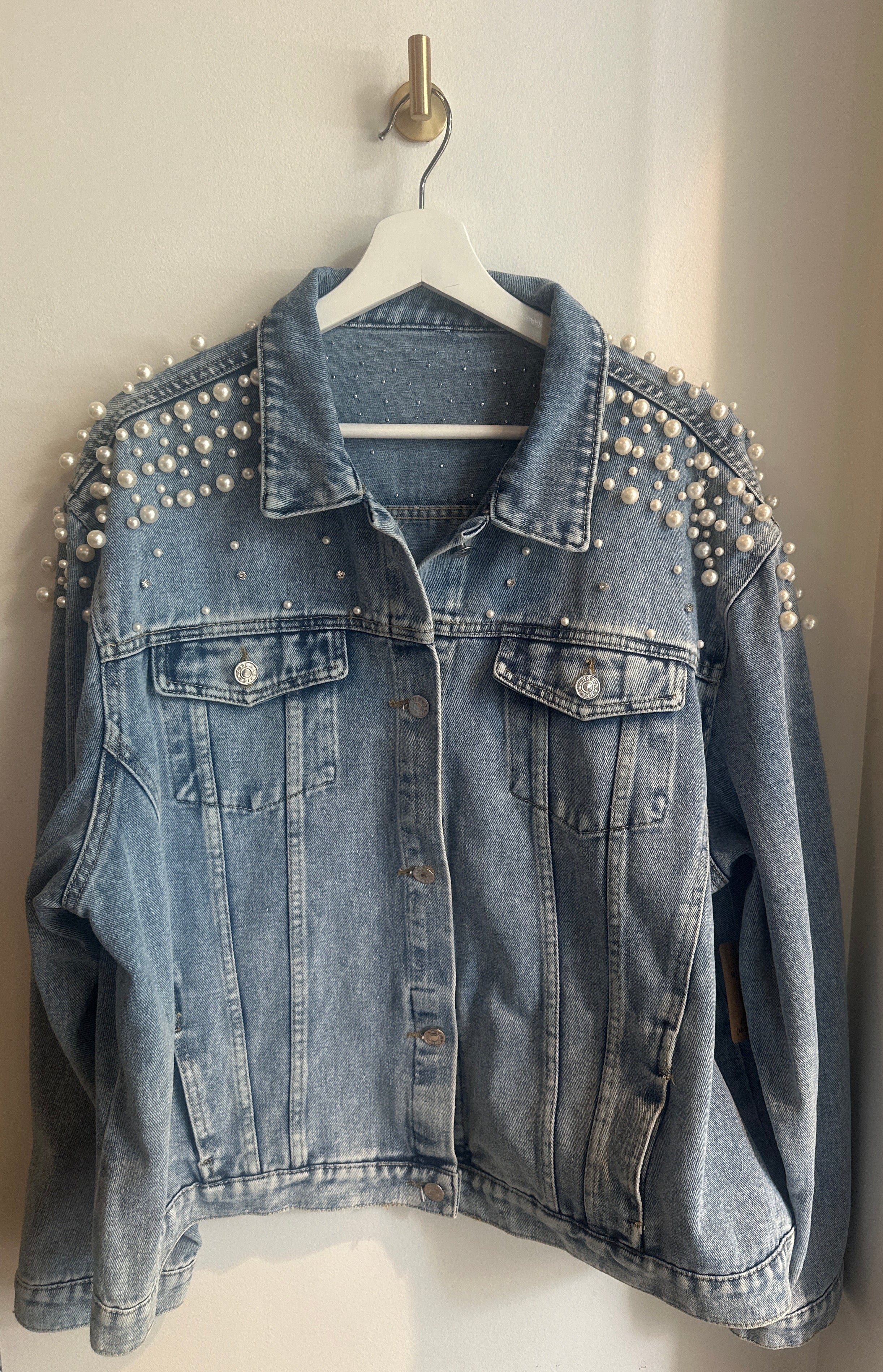 Pearl & Rhinestone Embellished Denim Jacket | Size 4XL