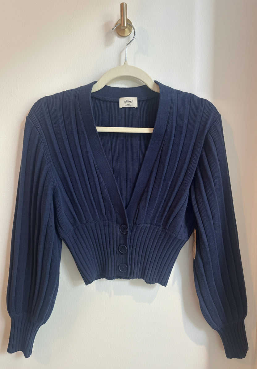 WILFRED Ribbed Cropped Cardigan – Navy — Size XXS
