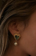 SAFSAFU ‘Eden Love’ Emerald & Pearl Drop Earring | Crystal Heart 24K Gold Plated River Pearl Earring