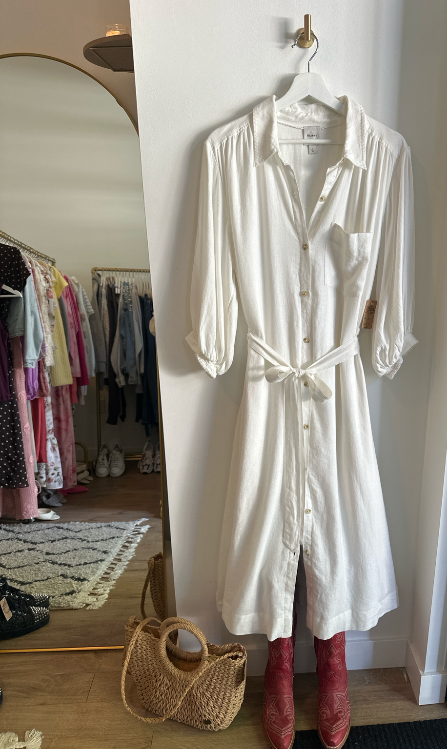 Maeve Linen Blend Button-Front Shirt Dress | Off- White | Size L