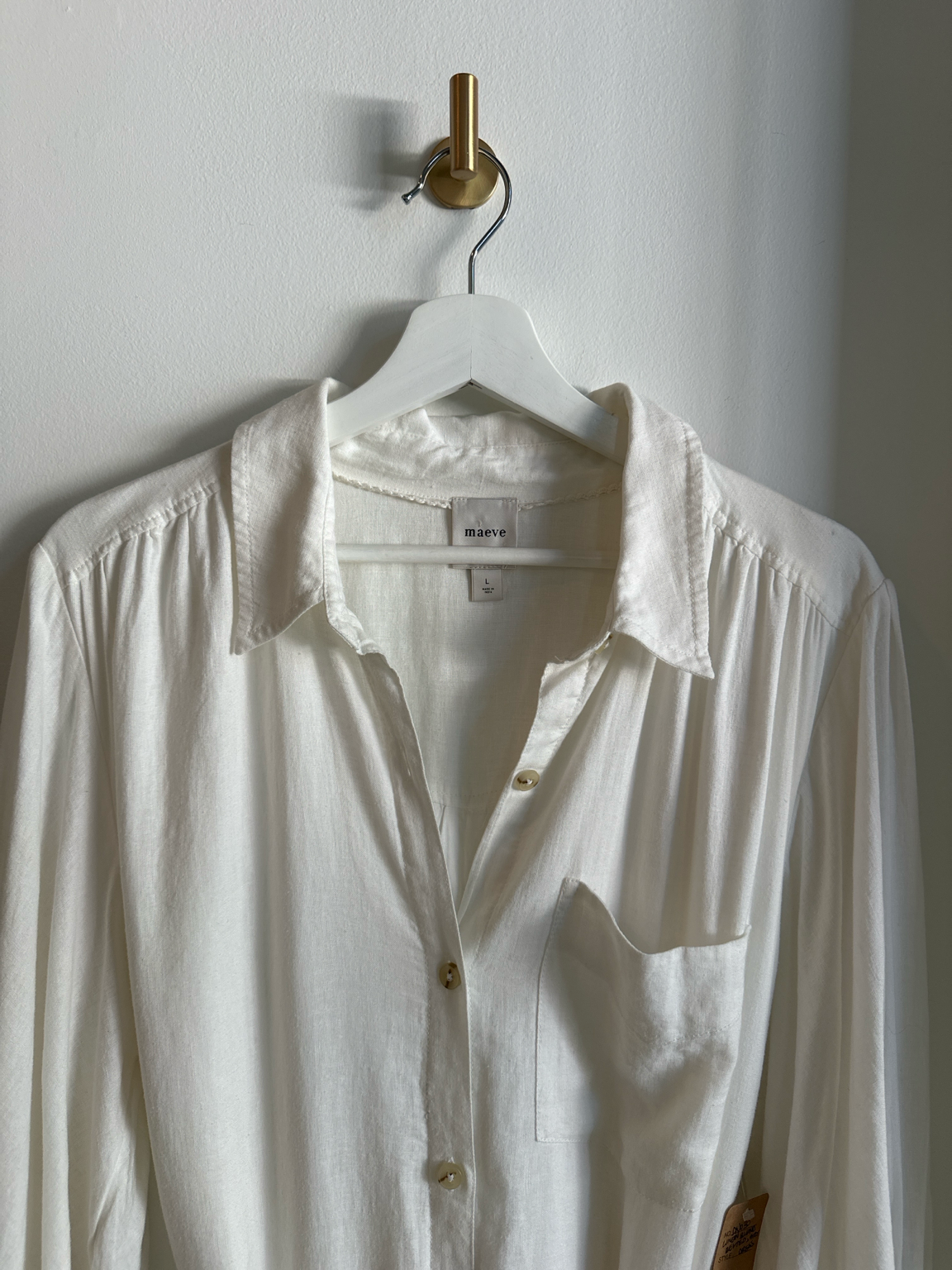 Maeve Linen Blend Button-Front Shirt Dress | Off- White | Size L