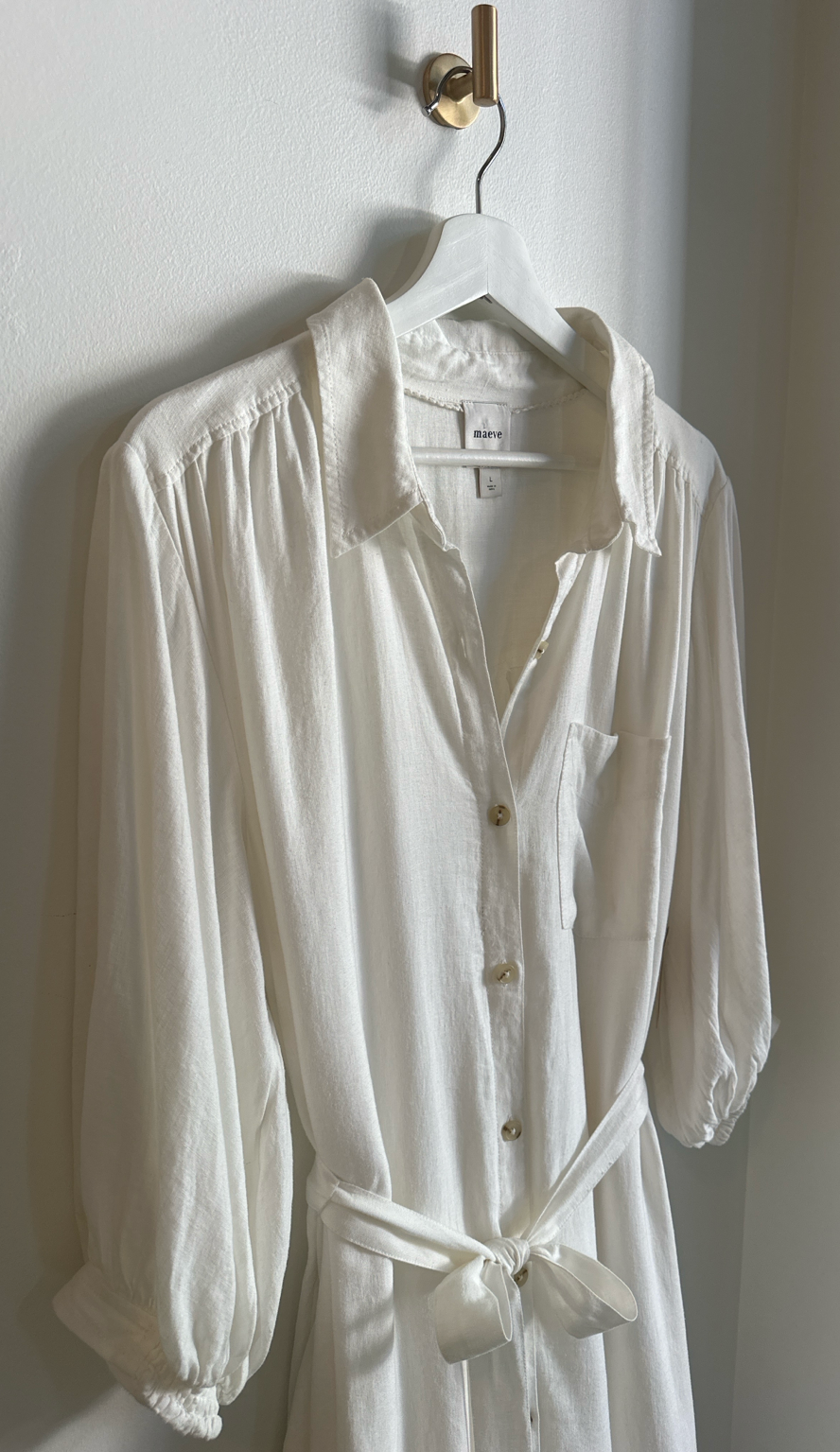 Maeve Linen Blend Button-Front Shirt Dress | Off- White | Size L