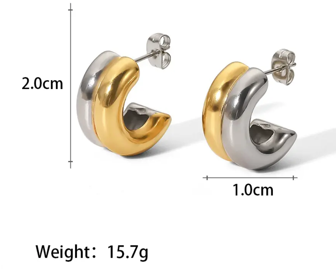 Jewelry Puffy Double Hoop Earring- steel Gold Huggie : Two tone / Small