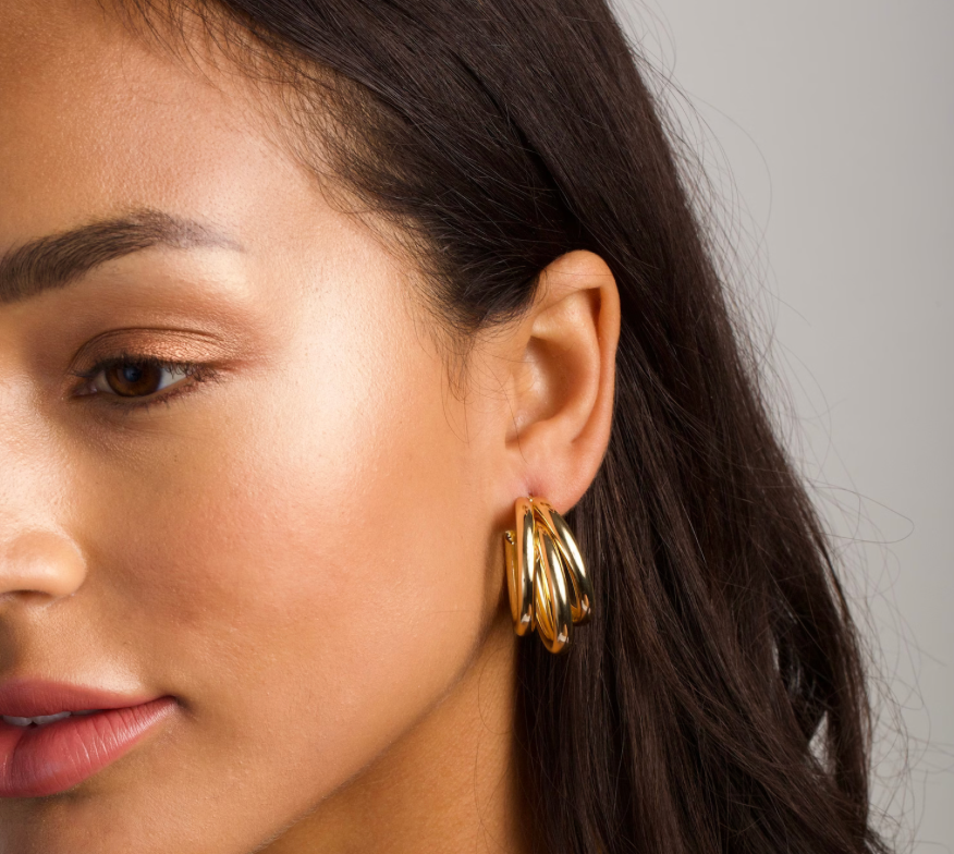 Jewelry Triple Medium Hoop High Shine Steel Earring: Yellow Gold