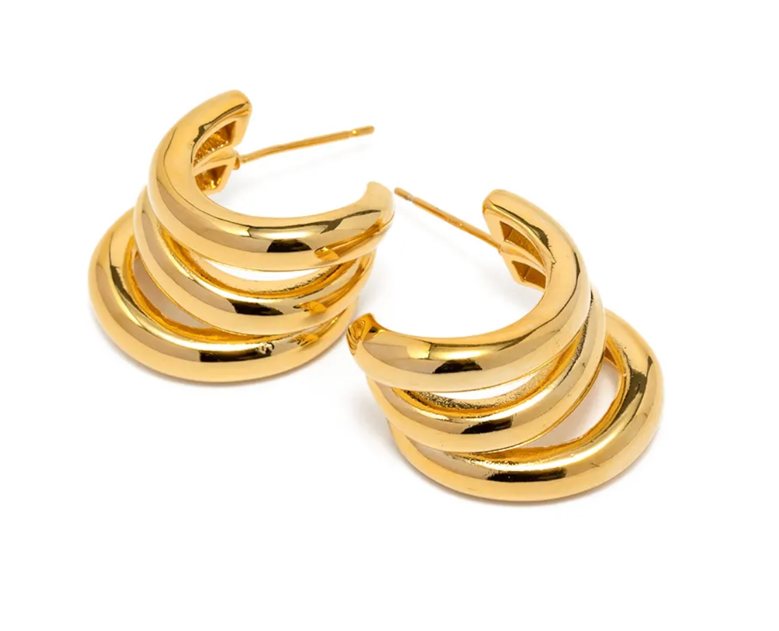 Jewelry Triple Medium Hoop High Shine Steel Earring: Yellow Gold