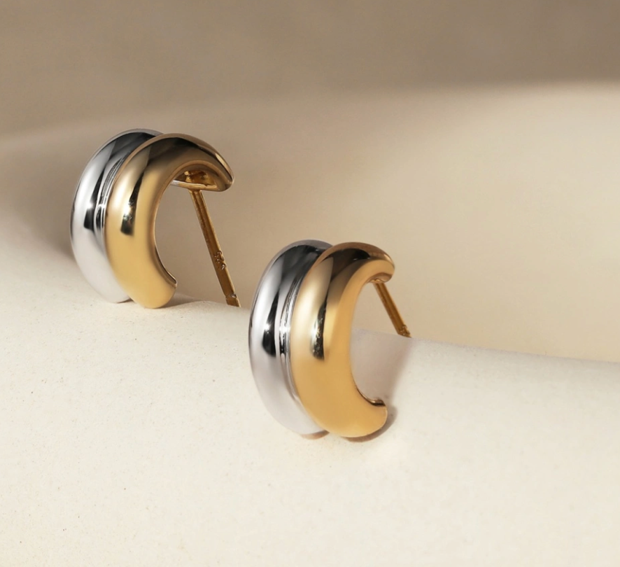 Jewelry Puffy Double Hoop Earring- steel Gold Huggie : Two tone / Small