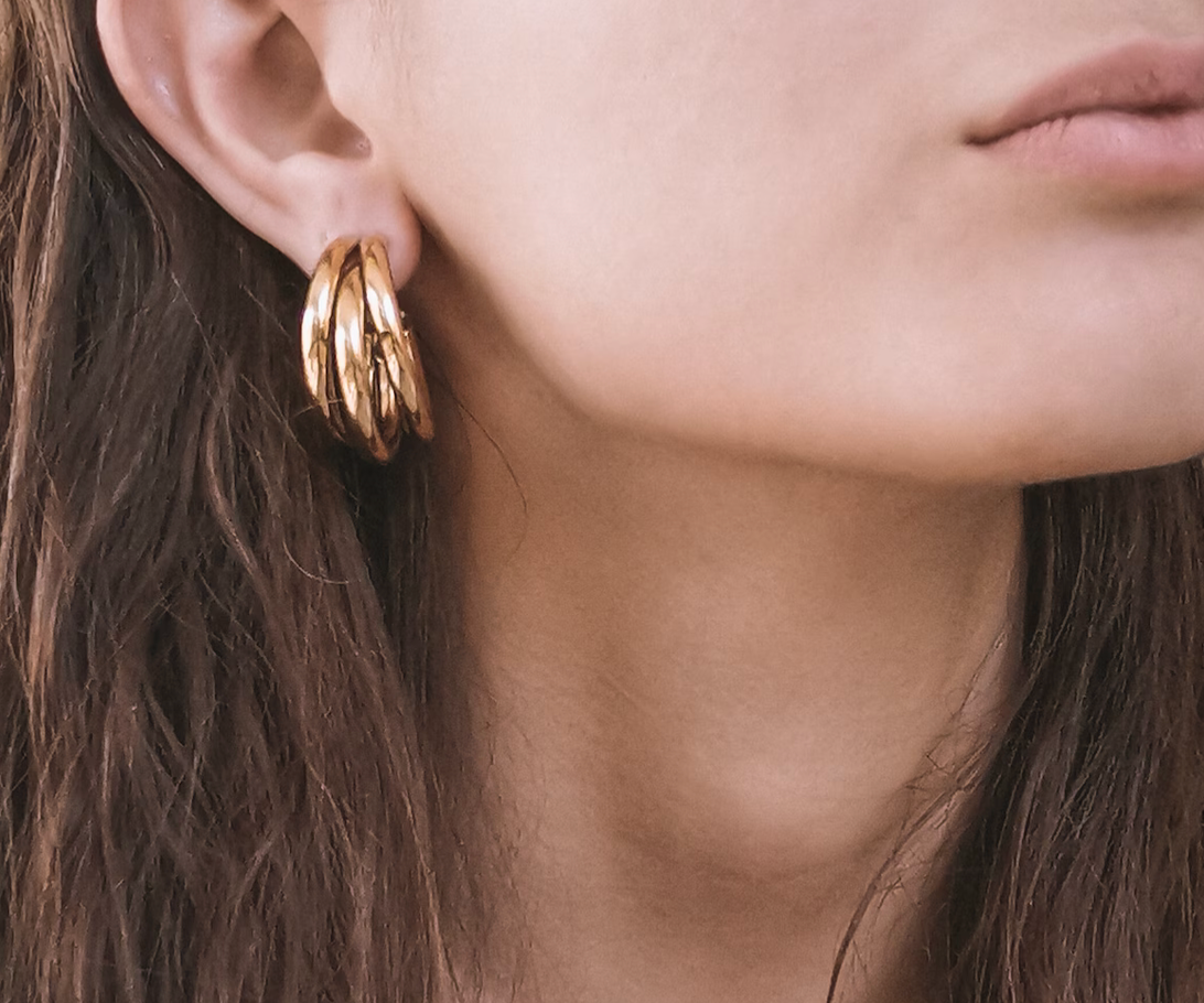 Jewelry Triple Medium Hoop High Shine Steel Earring: Yellow Gold