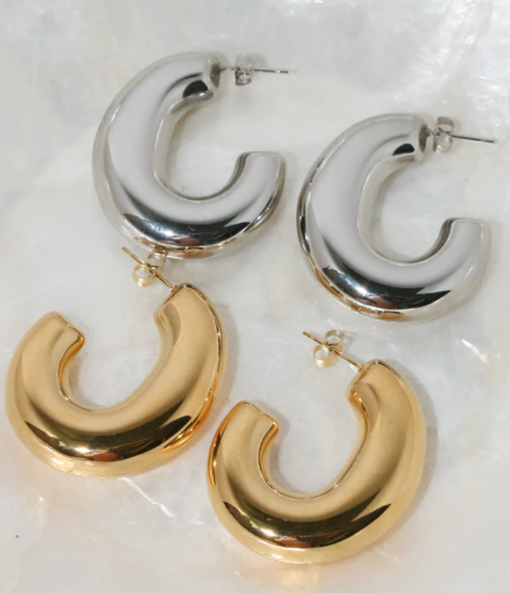 Jewelry Thea C Hoop-  Puffy Stainless Steel Earring 14K: Silver / Large