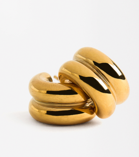 Jewelry Puffy Double Hoop Earring- steel Gold Huggie : Two tone / Small