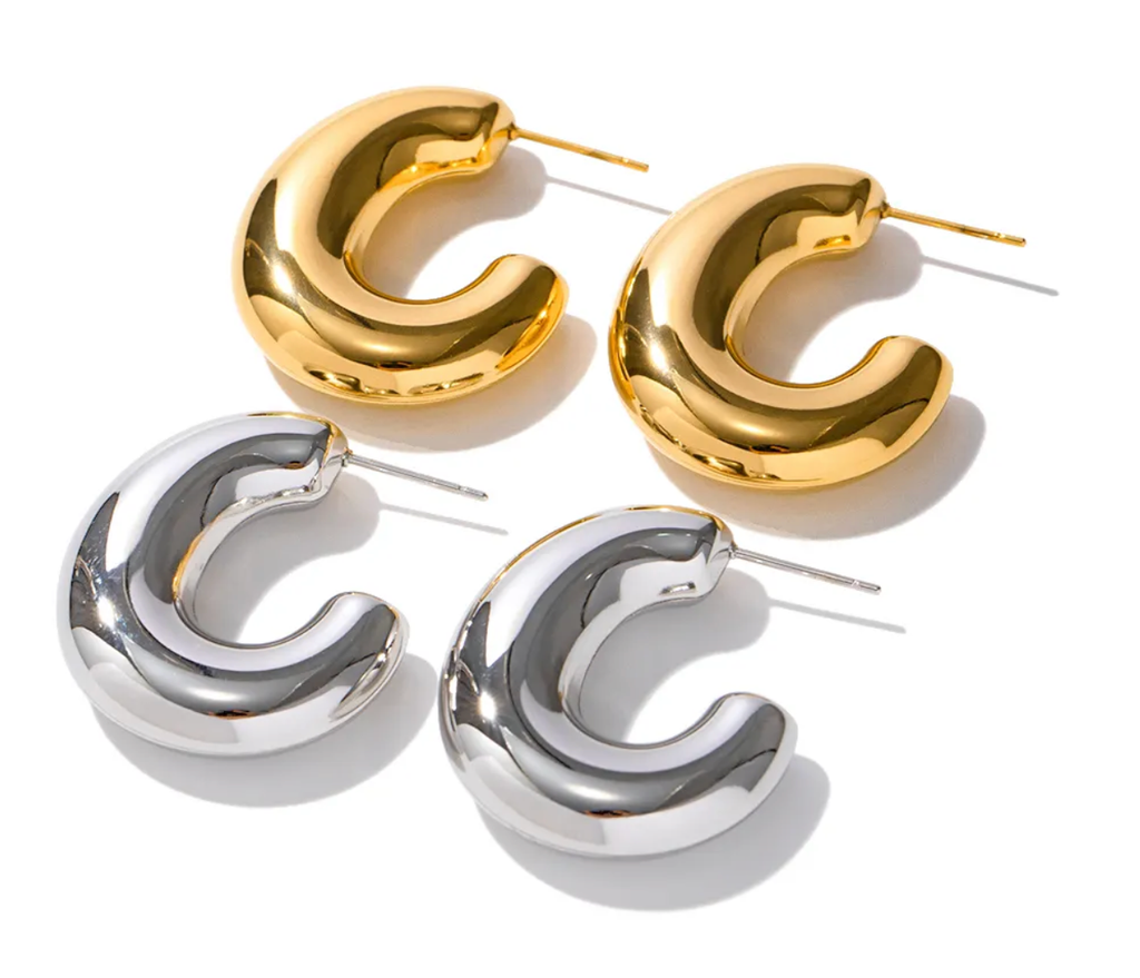 Jewelry Thea C Hoop-  Puffy Stainless Steel Earring 14K: Silver / Large