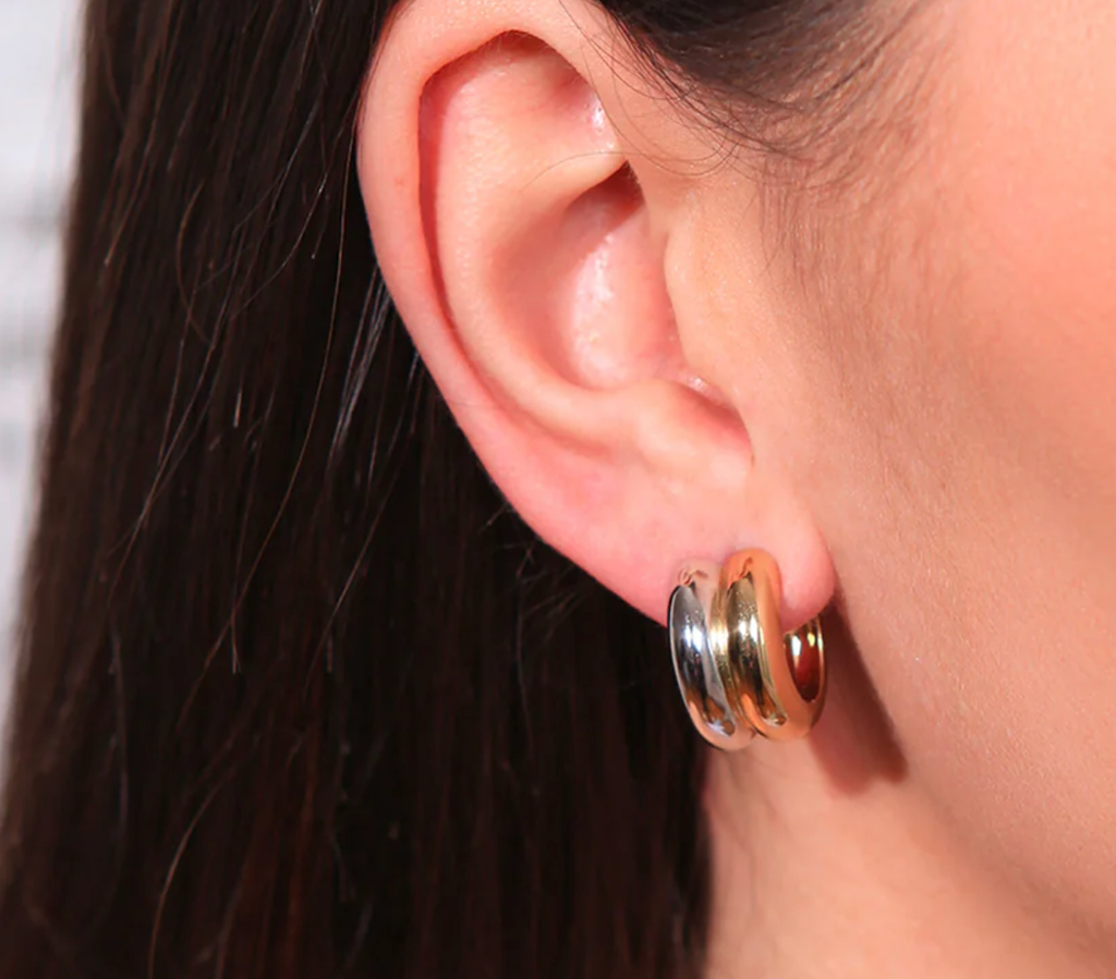 Jewelry Puffy Double Hoop Earring- steel Gold Huggie : Two tone / Small